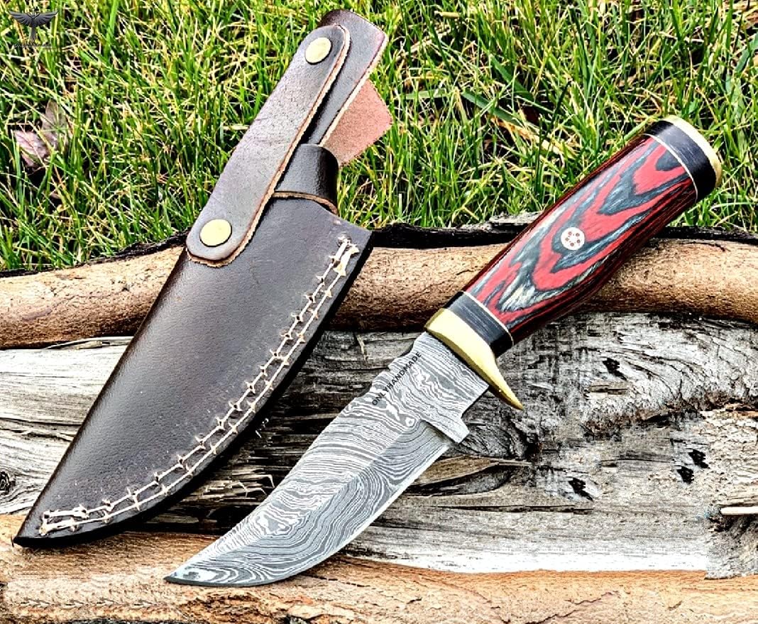 8" Beautiful Damascus Knife Made of Remarkable Damascus Steel and Exotic Wood -Its A Hunting Knife with Sheath OHM-063 (Red & Black Color Wood)