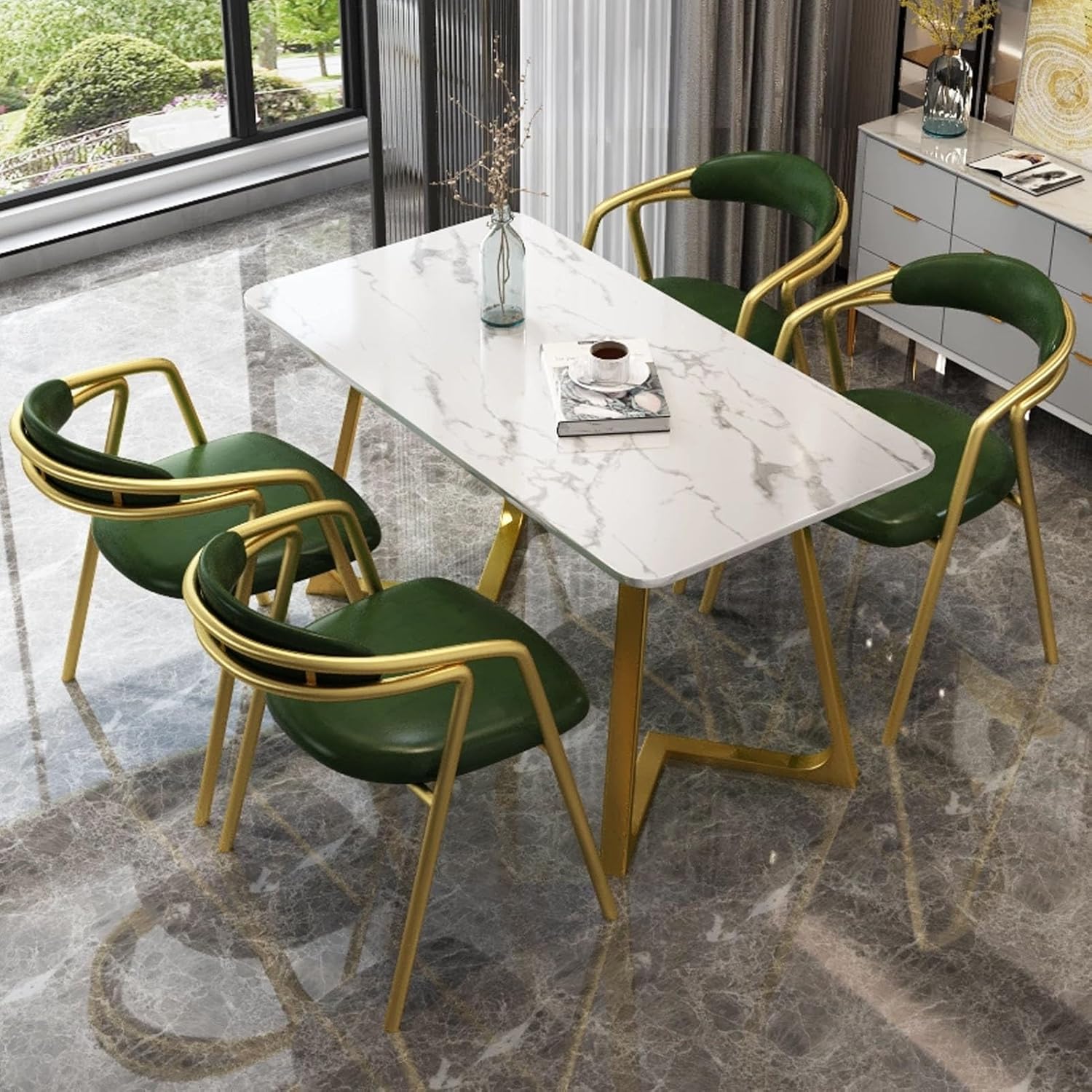 Office Reception Room Club Table and Chair Set, Negotiation Table and Chair Set for 4, Small Conference Room Negotiation Table Sets, Marble Square Table and PU Backrest Chair 5-Piece(Green)