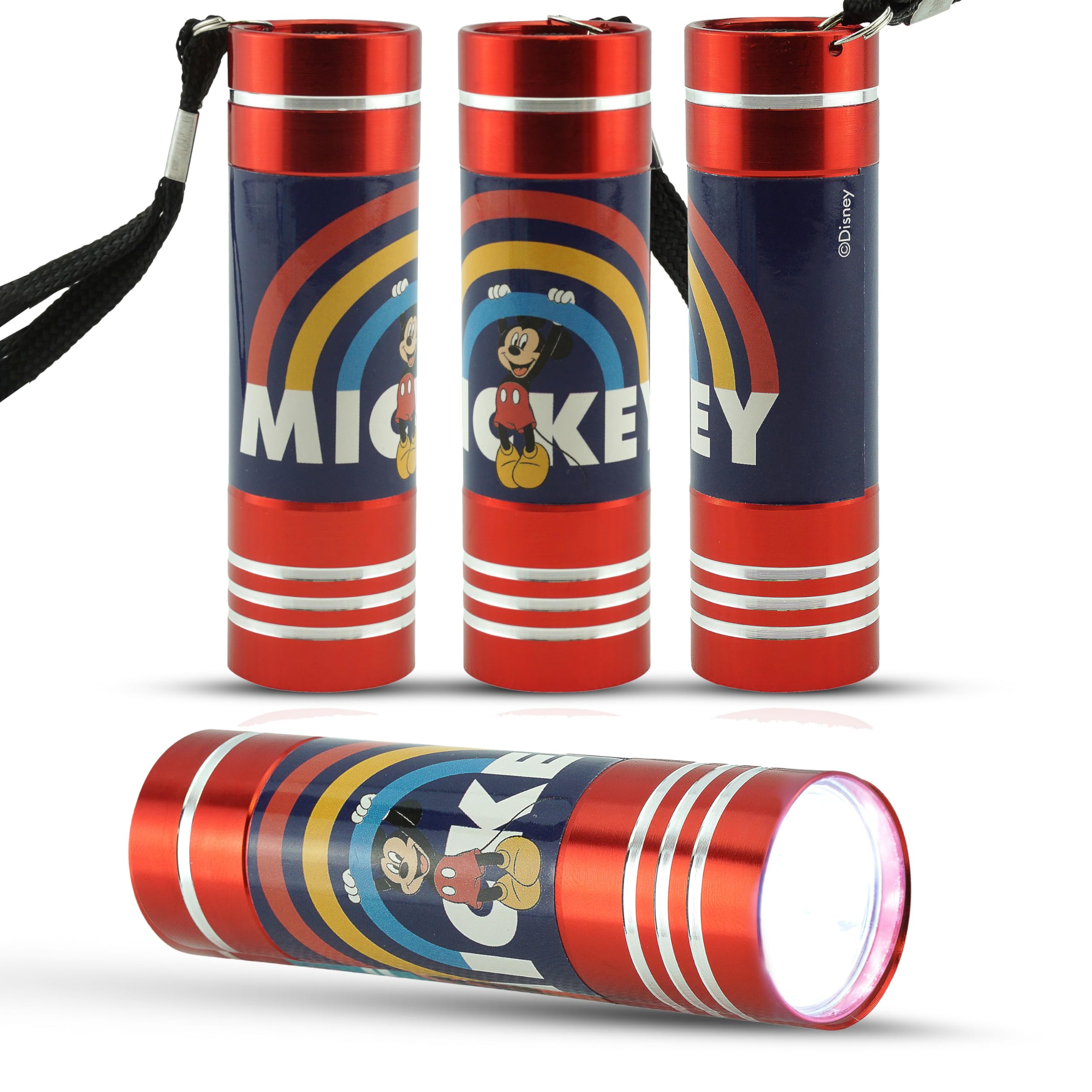 SRV Hub 4Pcs Mickey Mouse LED Flashlight Torch for Kids, 9 LED Aluminum Torch with Disney Characters, Outdoor Adventure Flashlight for Boys 3+ Years, Fun Christmas New Year Gift in Bright Red
