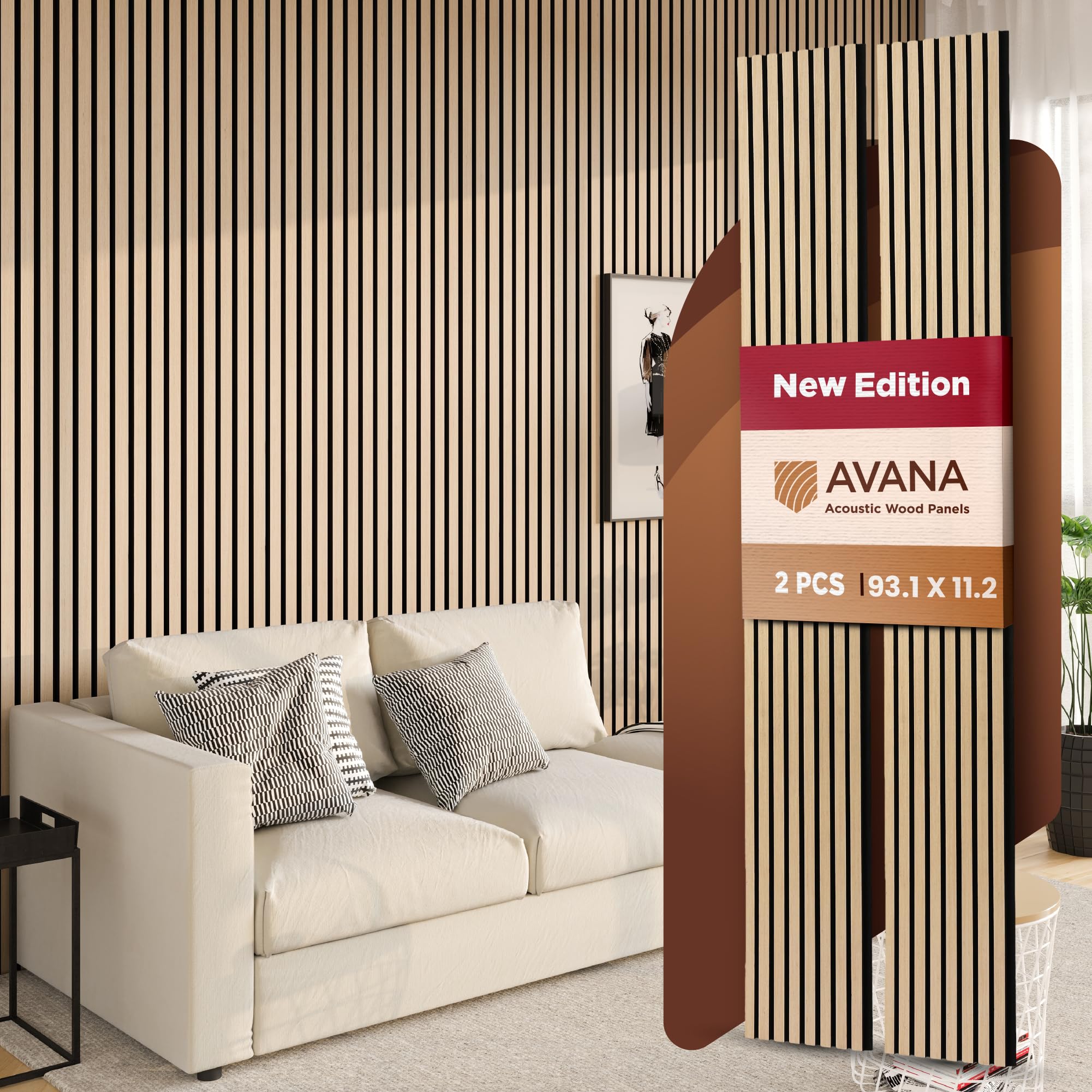 Photo 1 of Avana Acoustic Wood Wall Panels – 93.2x11.25 Inch Panels – Fits 94x12 Layout – White Oak Acoustic Panels 2 PCs – Wall Panels for Interior Wall Decor for Homes, Offices – Design Wood Panels for Wall