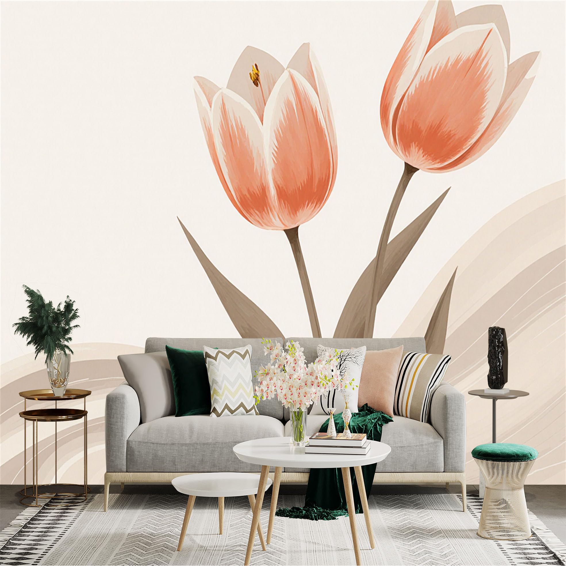 Custom Size Wall Sticker Mural， Elegant Peach Tulips， Minimalist Watercolor Floral Art， Soft Beige Abstract Waves， for wall Decoration， peelandstick wall Decals.