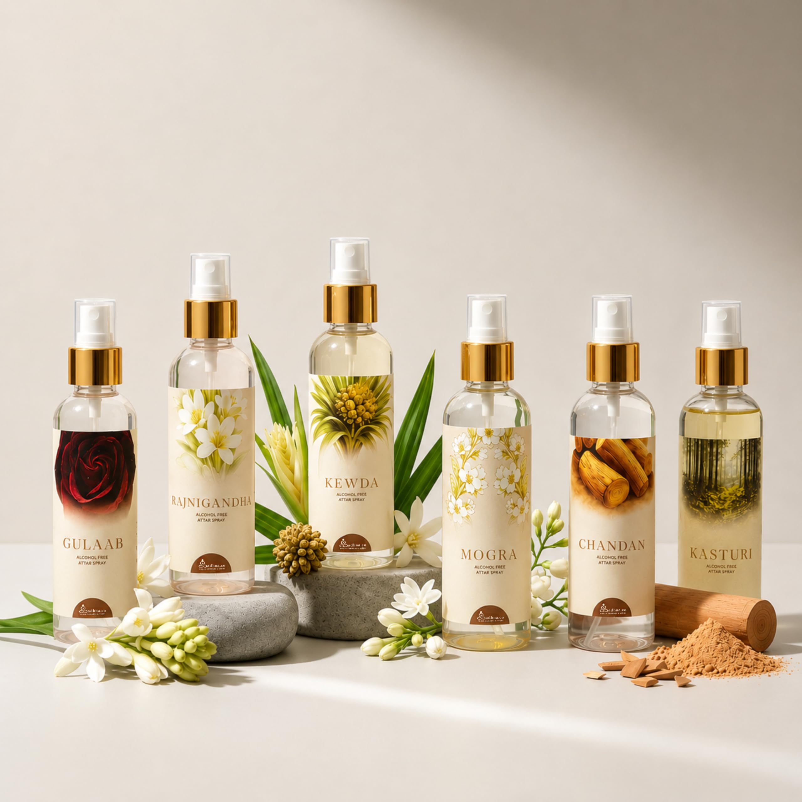 Sadhna.co Alcohol-Free 6-in-1 Pooja Spray Combo | Rose, Chandan, Kewada, Kasturi, Rajnigandha & Mogra | Long-Lasting Divine Fragrance-picture-22