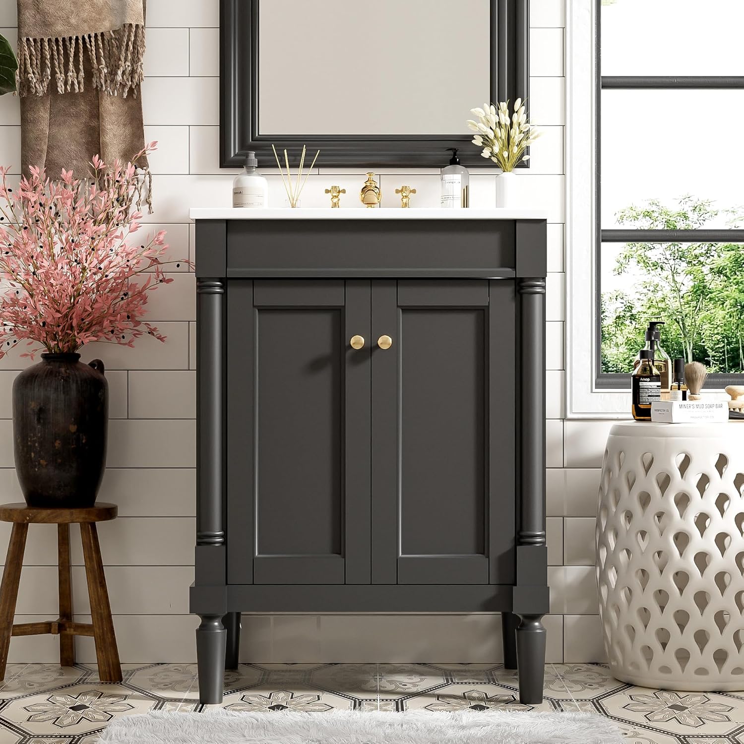 Merax 24 Inch Black Bathroom Vanity with Ceramic Sink & Intergrated Countertop,Vintage Bathroom Vanity with 2 Doors with Gold Knobs,Adjustable Shelf,Solid Wood Rome Pillar Legs