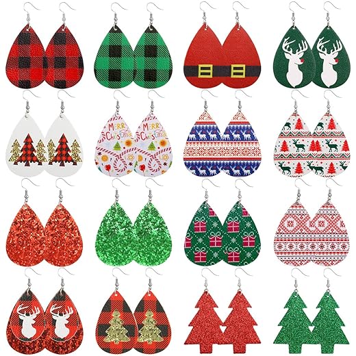 Christmas Faux Leather Earrings for Women Teardrop Dangle Earrings Plaid Petal Drop Earring Xmas Jewelry Accessory Gifts 16 Pairs (Christmas set)