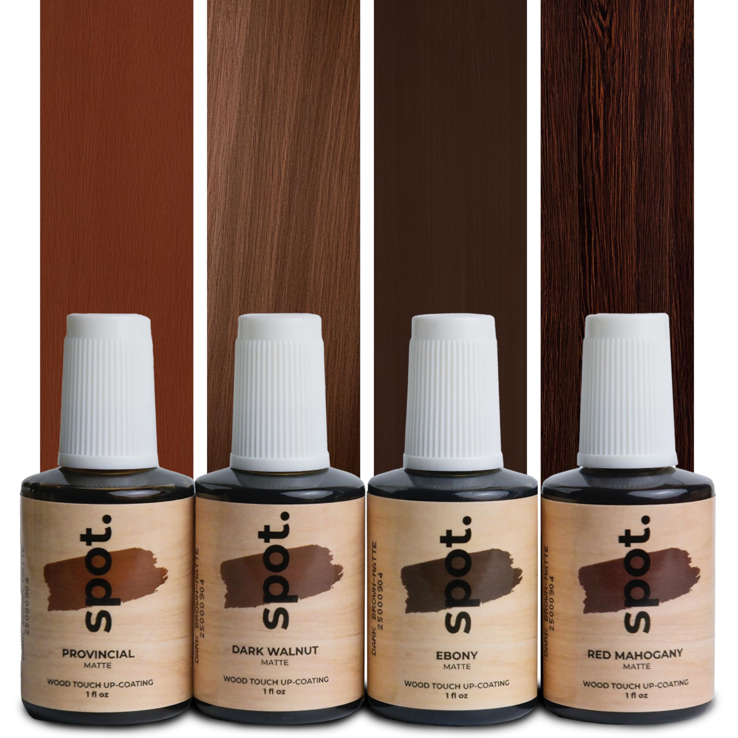 Spot – Kit Ritocco Legno con Mordente Penetrante per Riparazione Graffi su Mobili | 4 Colori Marrone Scuro (Castagno, Noce, Wengé e Palissandro) | Pennello Integrato | 4 × 30 ml