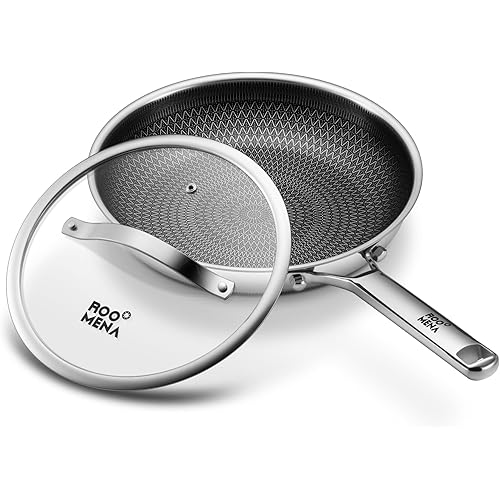 Non Stick Frying Pans Hybrid Ceramic With Lid, 11.5 Inch Tri-Ply Stainless Steel Skillet, Non-Toxic, PFAS/PFOA/PTFE Free, Metal Utensil Safe, Dishwasher & Oven Safe