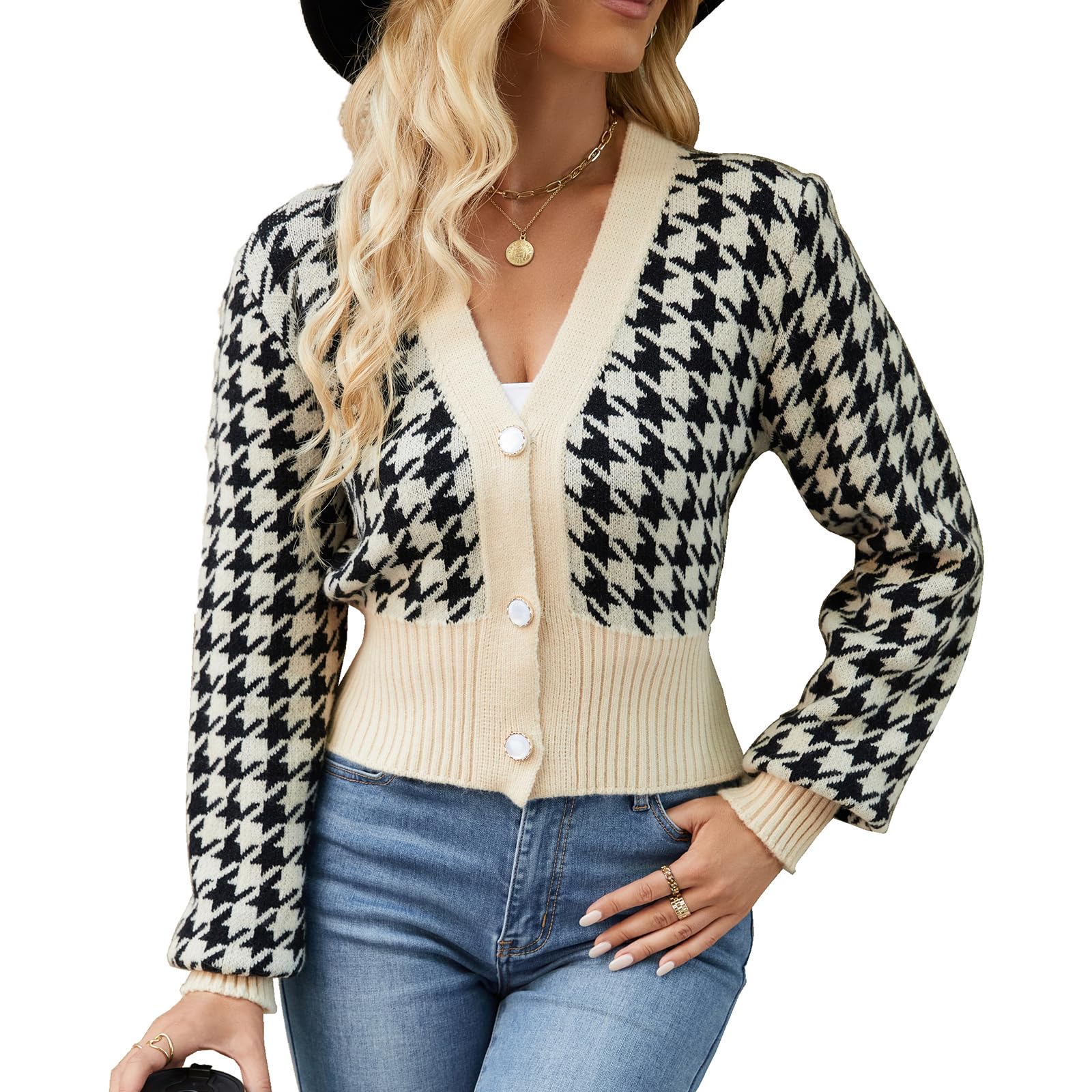 Sexybody Women' s Cropped Cardigan Sweaters Button Down Houndstooth V Neck Long Sleeve Open Front Knit Sweater Jacket Tops