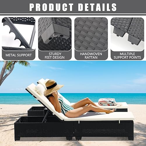 Miniatura 8 de iArtHand Chaise lounge plegable para patio al aire libre silla reclinable de mimbre de polietileno muebles de exterior respaldo ajustable con cojín