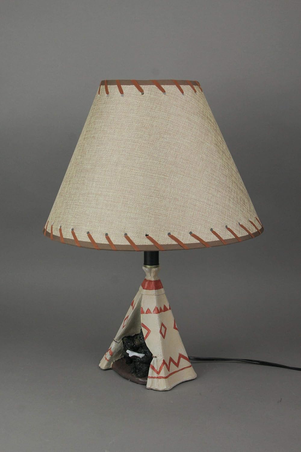 Hand-Painted Rustic Western Table Lamp with Mama Black Bear Reading a Book to Cub Inside Teepee Tent, 13.75 Inch Diameter Beige Fabric Shade, 19 Inches High