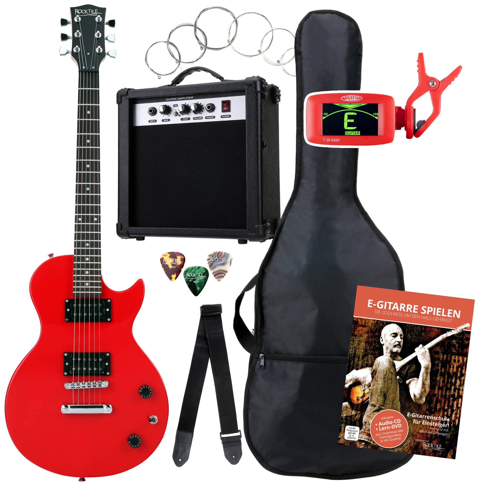 Rocktile Single Cut Pack Set Complet Guitare Électrique Puissante Rouge (Amplificateur, Accordeur, Housse, Câble, Sangle, Médiators, Cordes de Rechange et Cours avec CD/DVD)