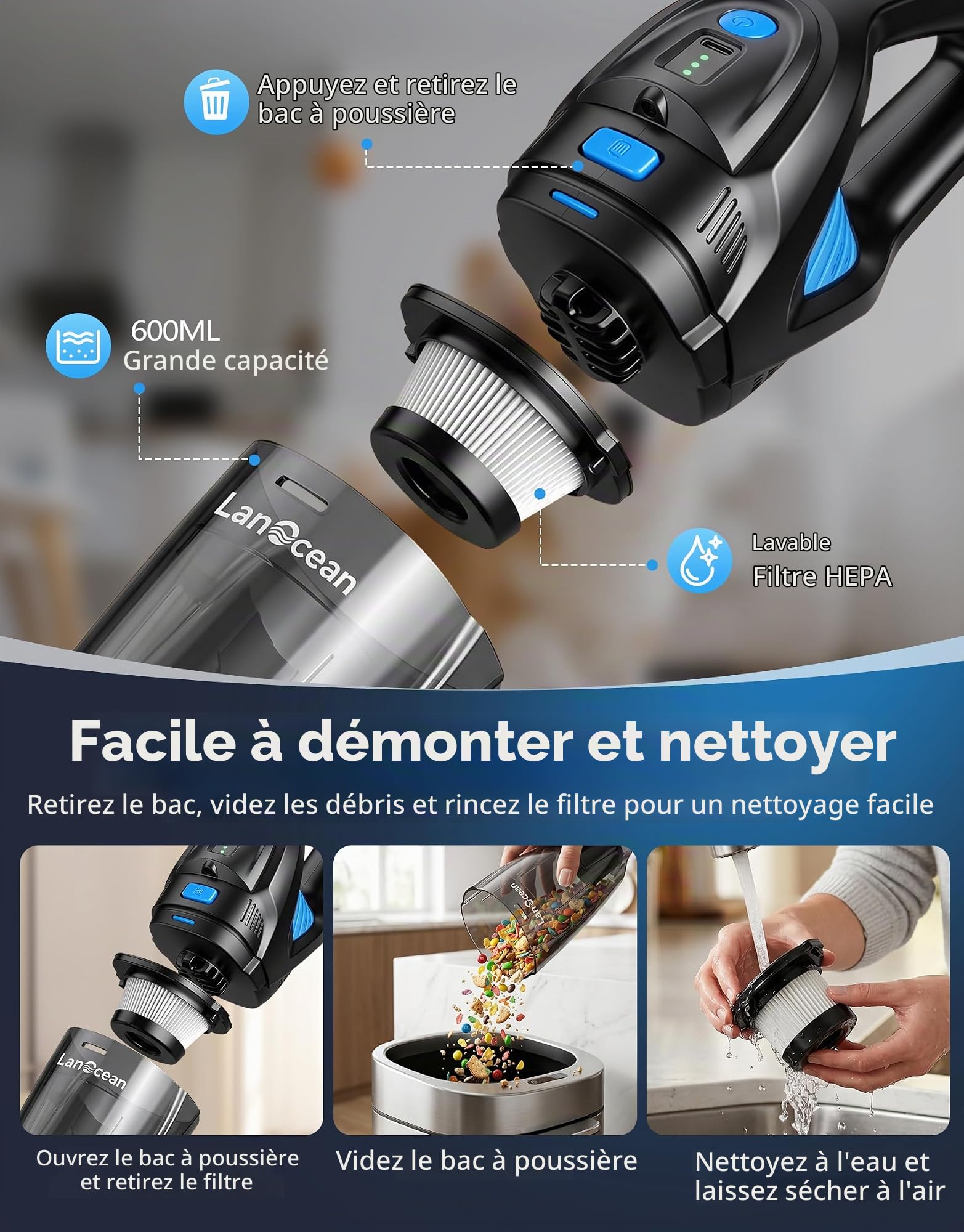 Aspirateur Voiture Puissant avec Station Recharge,25000Pa Aspirateur a Main | Humide&Sec Mini Aspirateur Voiture Sans Fil avec Éclairage LED|2 Filtre, 8000mAh 120W Aspirateur Portable pour Maison Cuisine