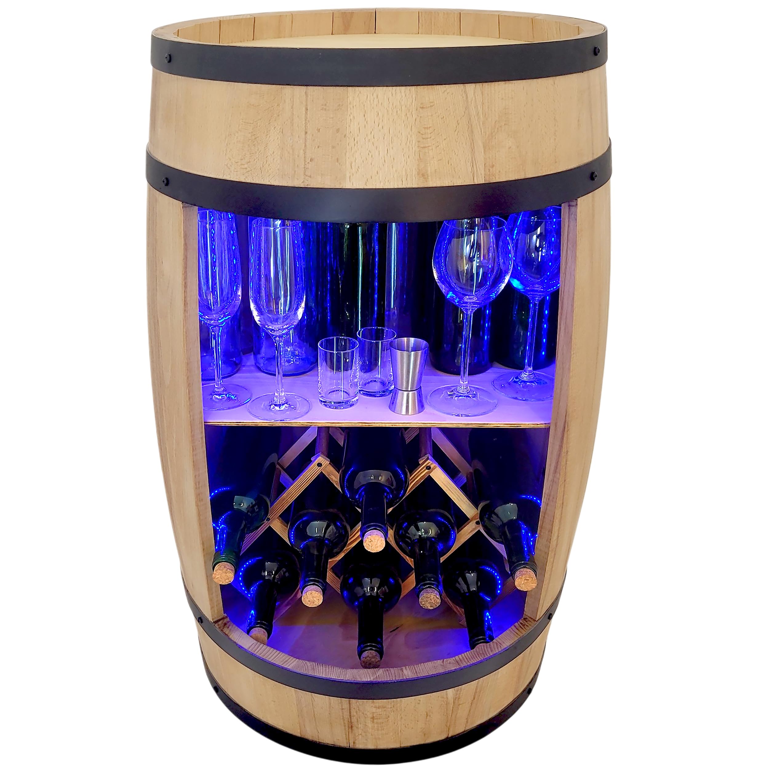 WEECO Barile in legno con portabottiglie con luci a LED RGB, Porta vino, Casa bar, Portabottiglie per whiskybar, regalo per uomo, Botte in legno per bottiglie di alcolici, Botte Di whisky Grappa 80cm