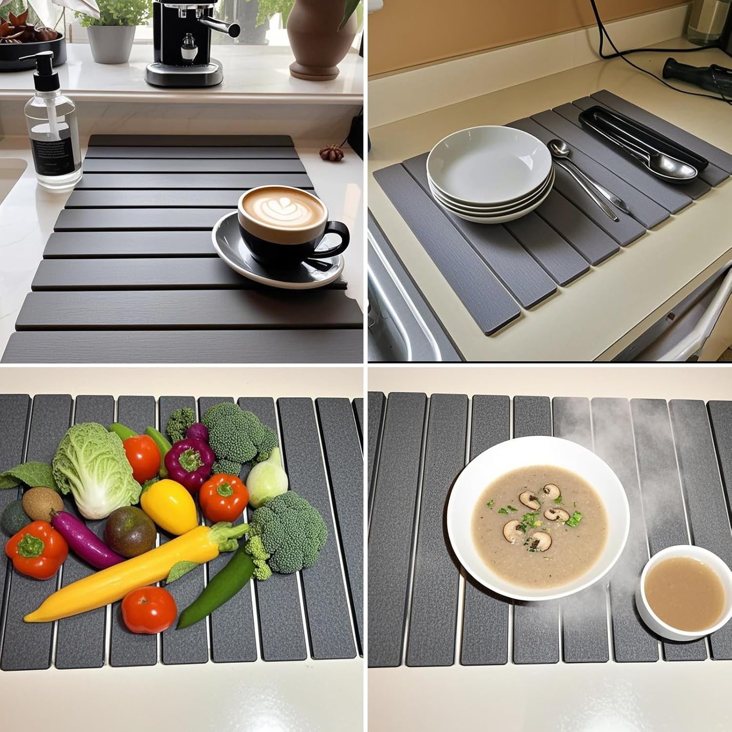 RAIN SPIRIT Large Stone Dish Drying Mat for Kitchen Counter, Diatomaceous Earth Quick Dry Stone Drying , Collapsible Dish Mat Dish Pads for Drying 24"×16" grey