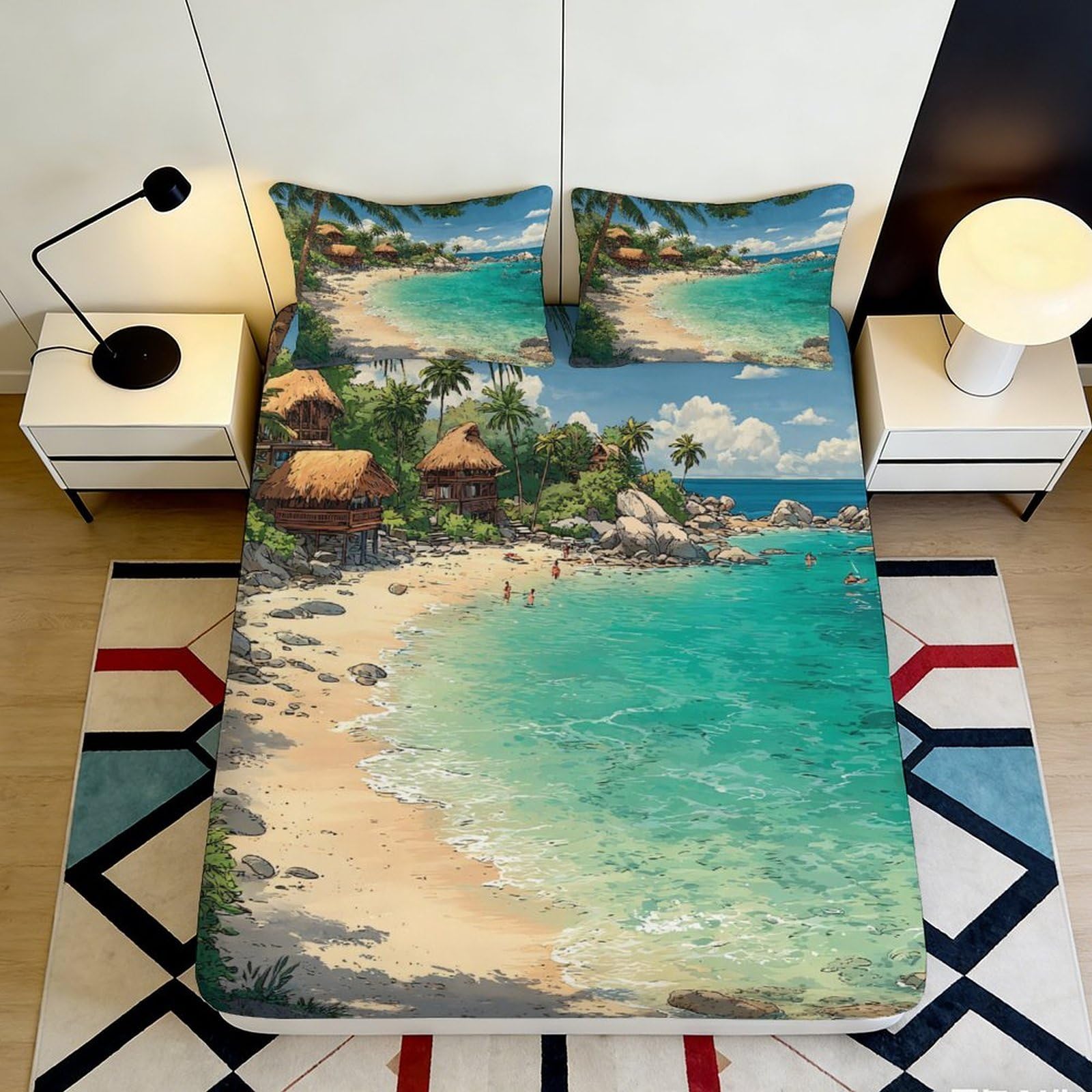 3D Printed Tropical Beach Fitted Sheet Microfiber Soft Durable Ocean View Bed Cover for Bedroom Dormitory Guest Room Mattress Protection Decoration 90x200x25cm