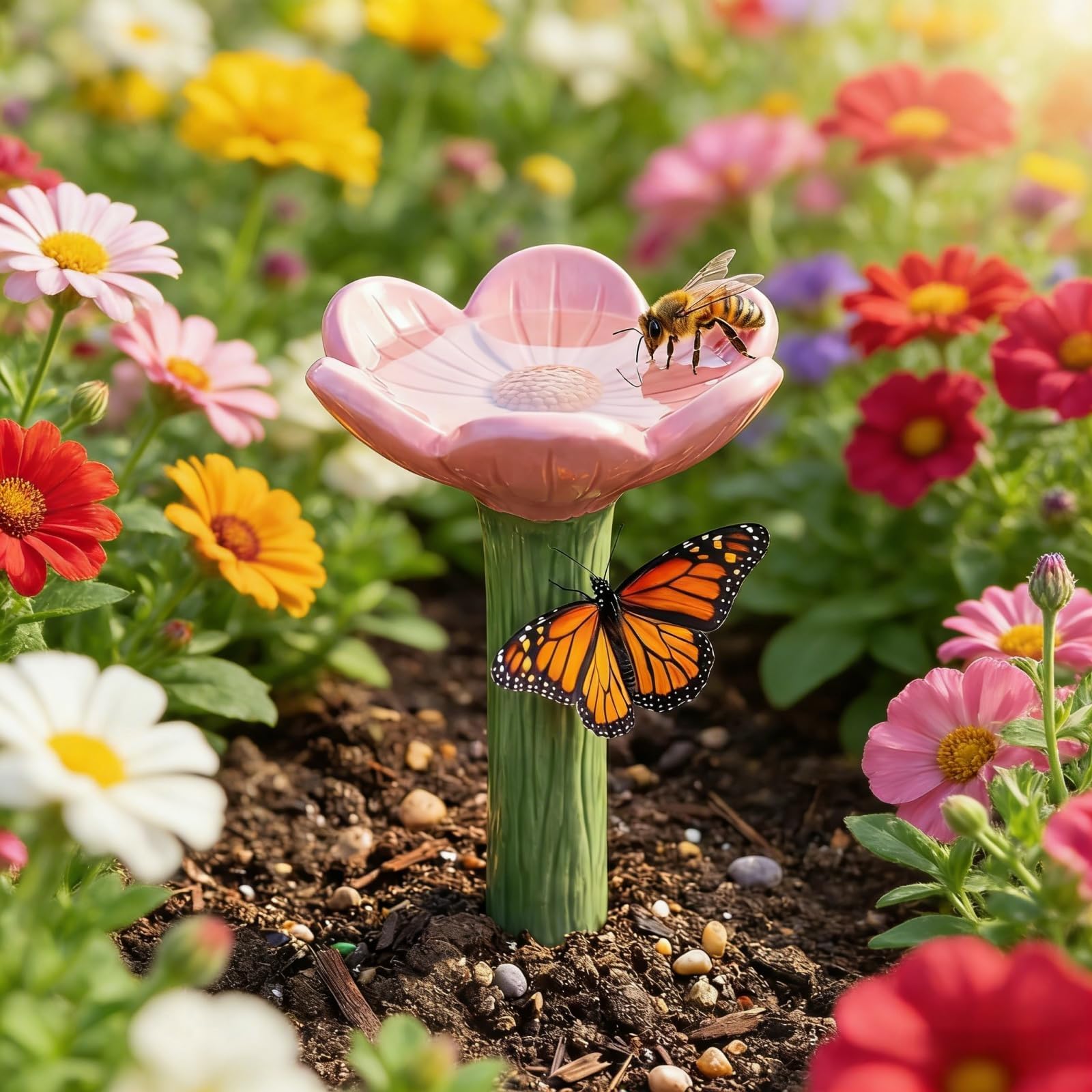 Flower-Shaped Ceramic Bee Watering Station: Bee Cups for Bees and Butterflies | Colorful Decorative Bath for Pollinators, Garden, Yard, Lawn, Patio, Balcony (Pink)