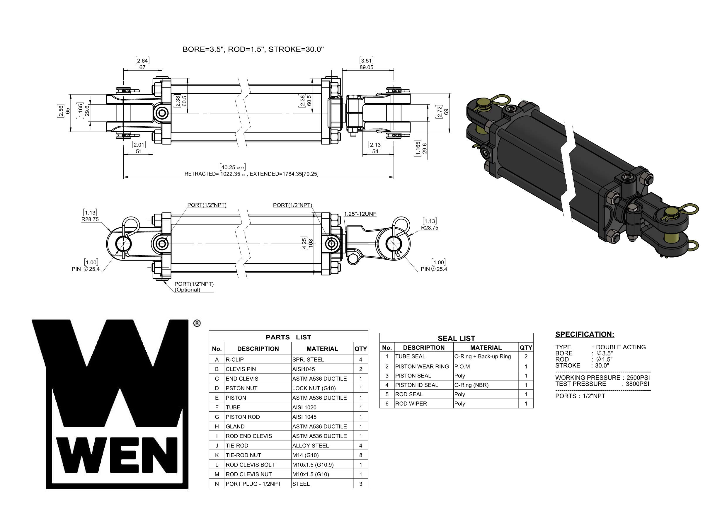 WEN TR3530 2500 PSI Tie Rod Hydraulic Cylinder with 3.5