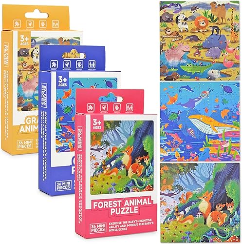 Vileafy Mini rompecabezas para niños de 4 a 8 años, paquete de 3 rompecabezas de animales de viaje para niños y niñas, 36 piezas de animales
