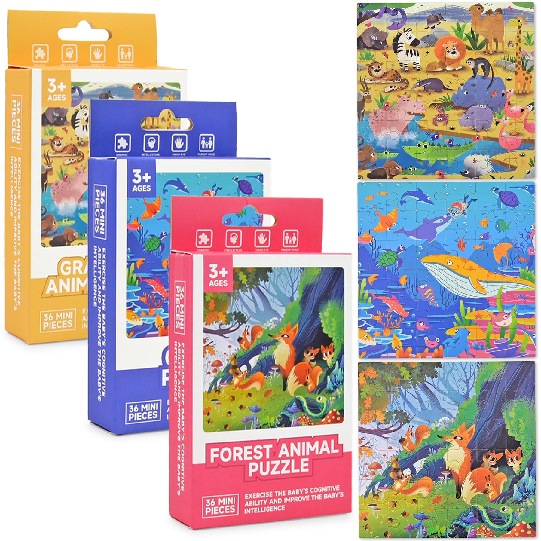 Vileafy Jigsaw Puzzles for Kids Ages 4-6, 3-Pack Safari Animal Travel Puzzles for Kids, Mini Quiet Puzzle Toys for Airplane, Car Trips, Birthday Goodie Bag Stuffers, Preschool Educational Puzzle Gift