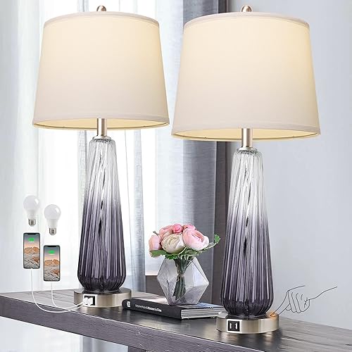 QiMH Table Lamps Set of 2 with Touch Control, 3-Way Dimmable Modern Glass Bedside Lamps with 2 USB Ports, Nightstand Lamp with White Shade, 27.5" Large Lamps for Living Room Bedrooms Decor, Grey