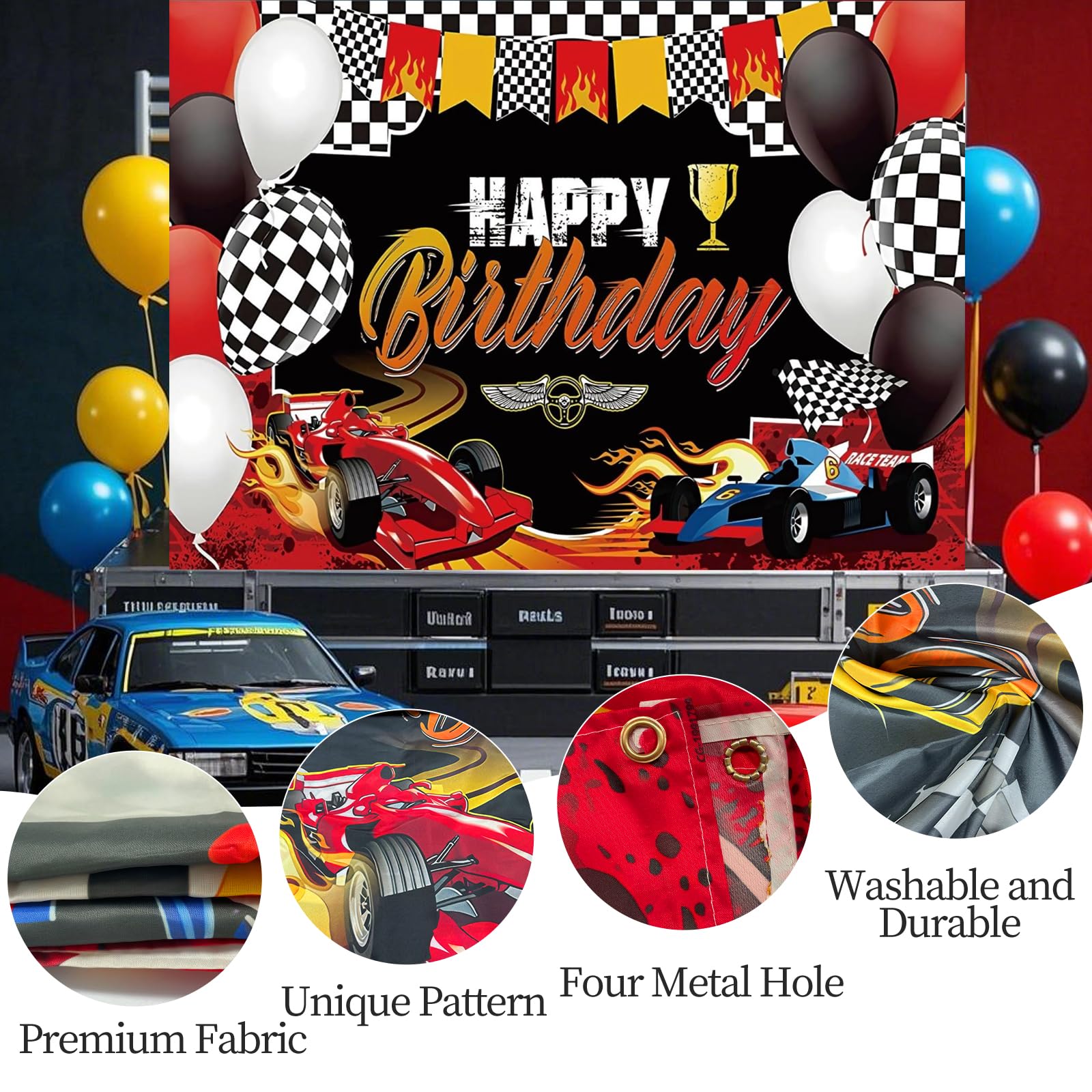 Car Backdrop Racing Birthday Decorations For Men Boys, Red/Blue Race Cars Fast Happy Birthday Background Banner Racing Theme Party Supplies For Indoor