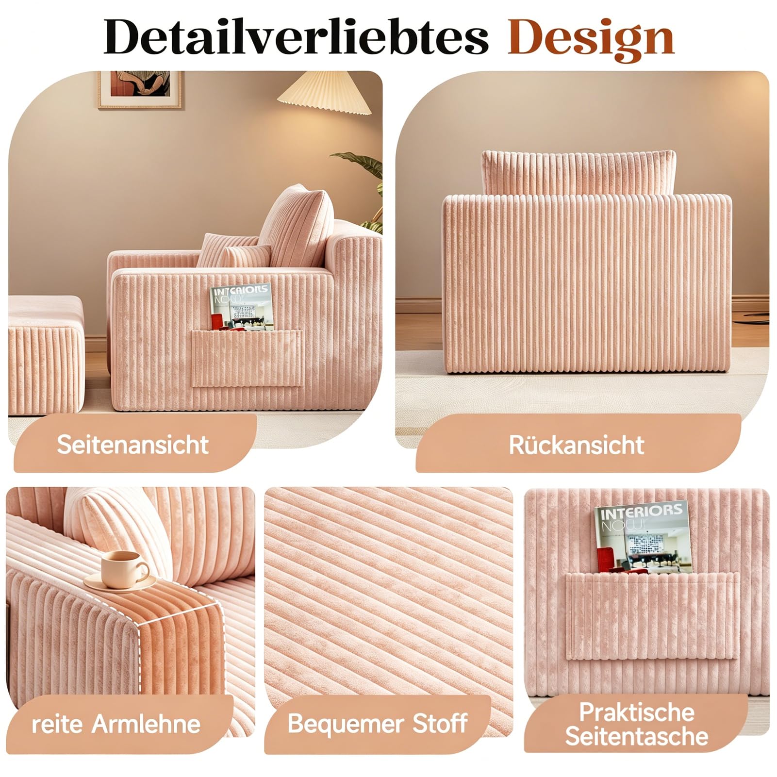 HAUSPROFI 2-in-1-Schlafsofa aus Cord mit Hocker für Gäste – Bodensofa mit 3 Kissen, Einzelsofa und Schlafsessel mit Seitentasche für Wohn- und Schlafzimmer