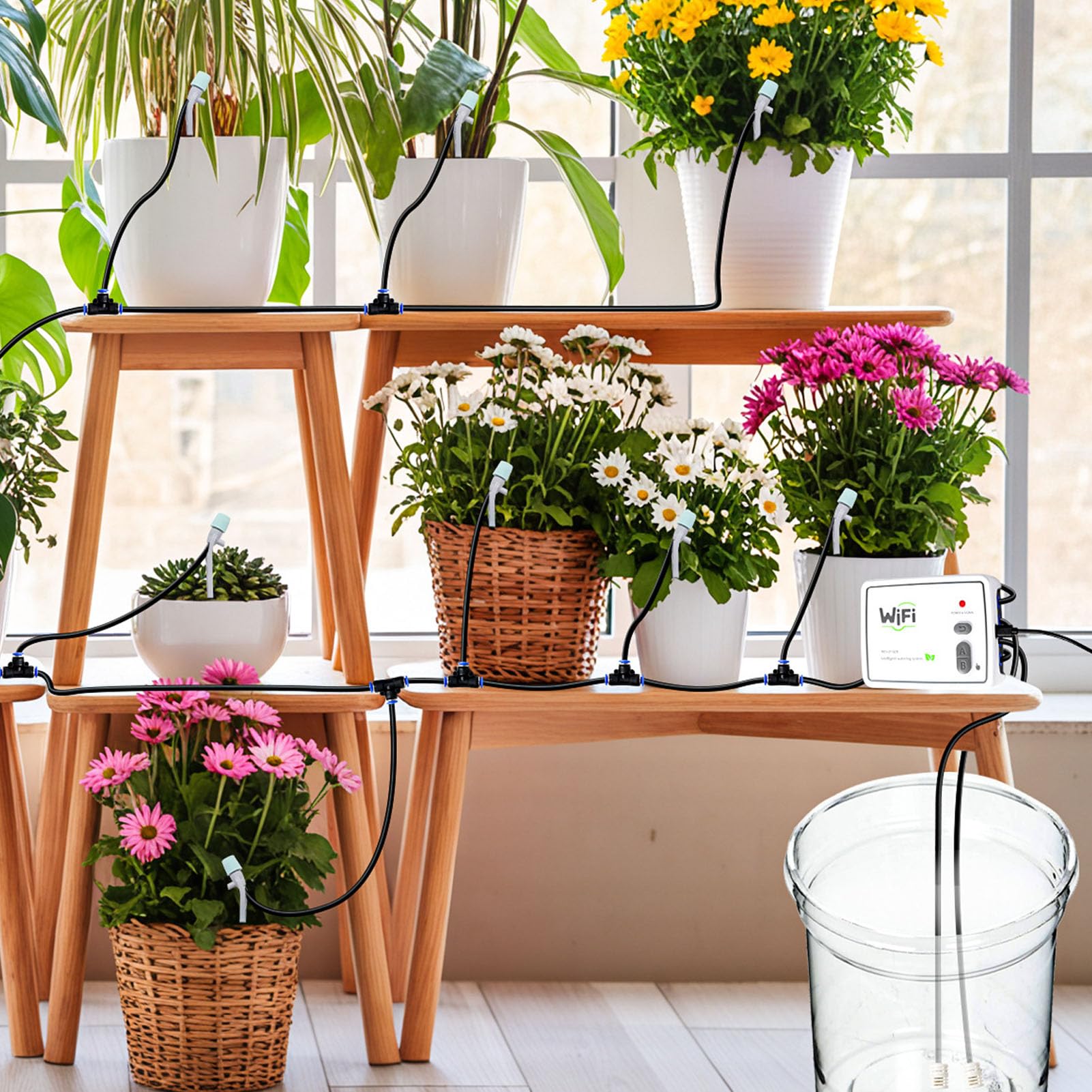 sistemas de Riego por Goteo Automático para Plantas de Interior, Control de Aplicación WIFI, Regadera Automática de Plantas de Doble Bomba para 20 en Macetas con Tubería (Enchufe de la UE)
