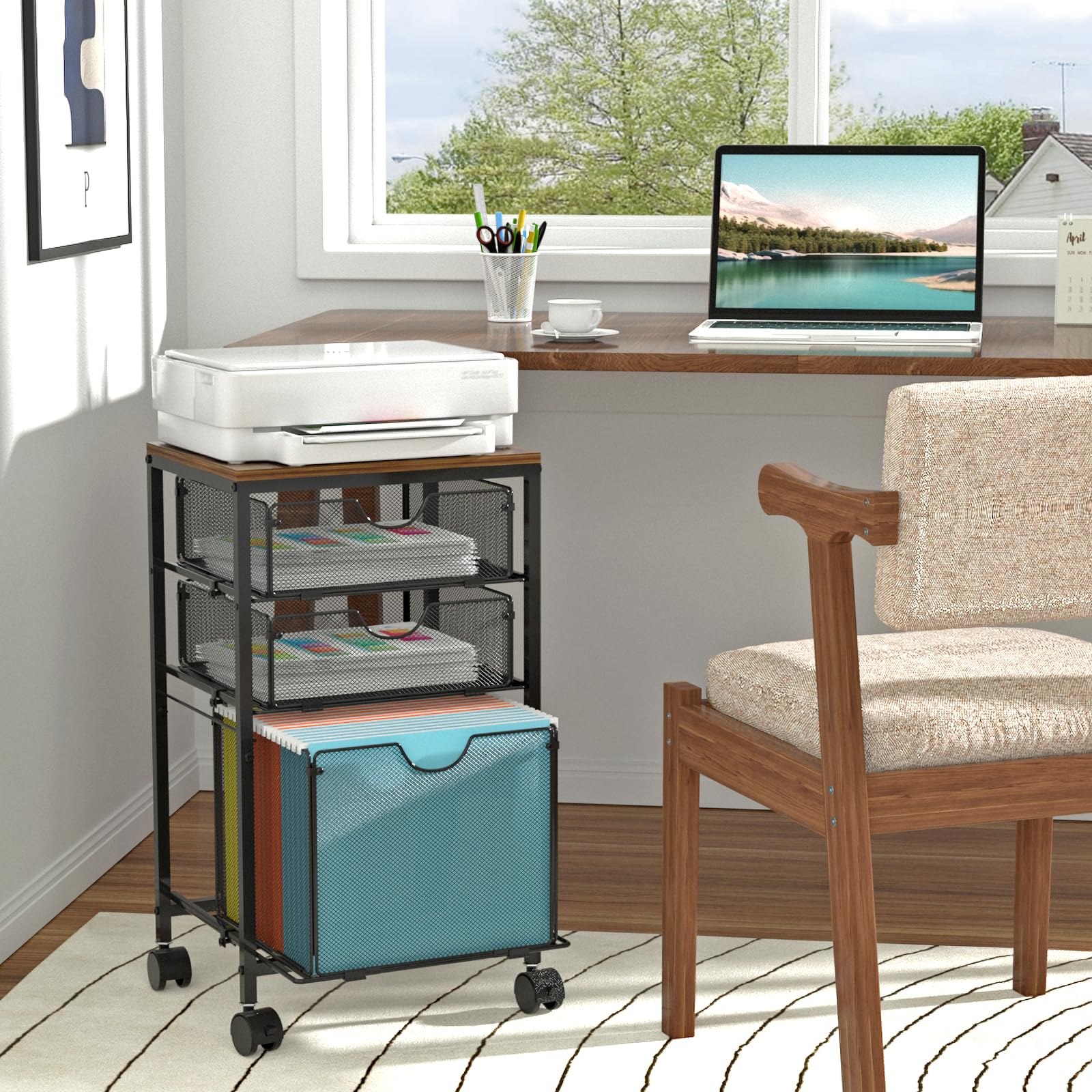 BOHDK Carrito de archivos rodante, carrito de archivos para almacenamiento debajo del escritorio, archivador móvil de madera y malla con 3 cajones deslizantes, para A4, carpetas de archivos colgantes