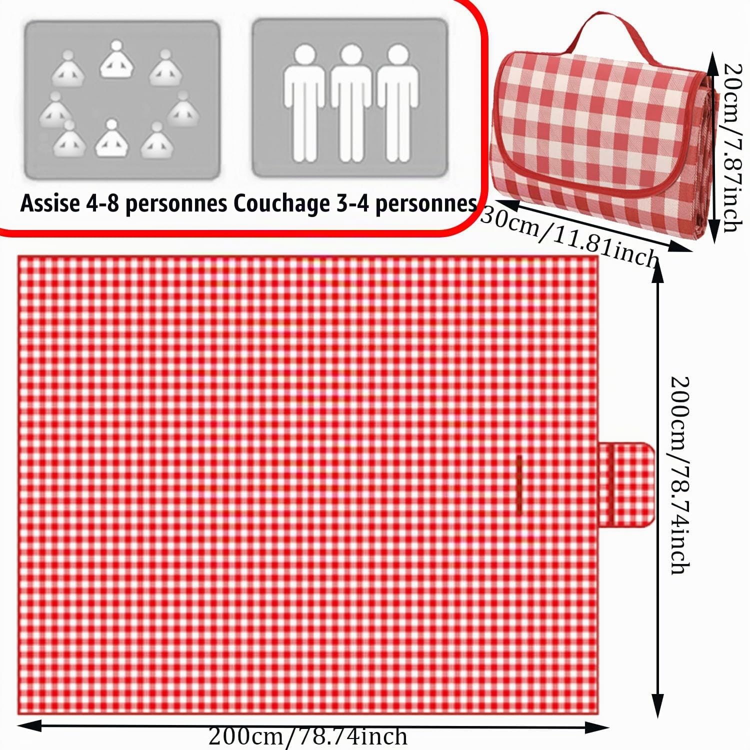 Nappe Pique Nique 200 * 200CM Grande,Couverture Pique Nique Rouge Pliable avec Poignée,Tapis Pique Nique Lavable en Machine pour la Randonnée Voyage Camping en Plein Air,Parc,Jardin,Plage,Camping