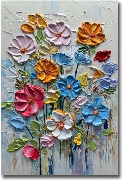 V-inspire Art,24 x 36 Inches Modern 100% Hand-Painted Abstract Colorful 3D Floral Oil Painting on Canvas Full Bouquets Murals Home Wall Decor