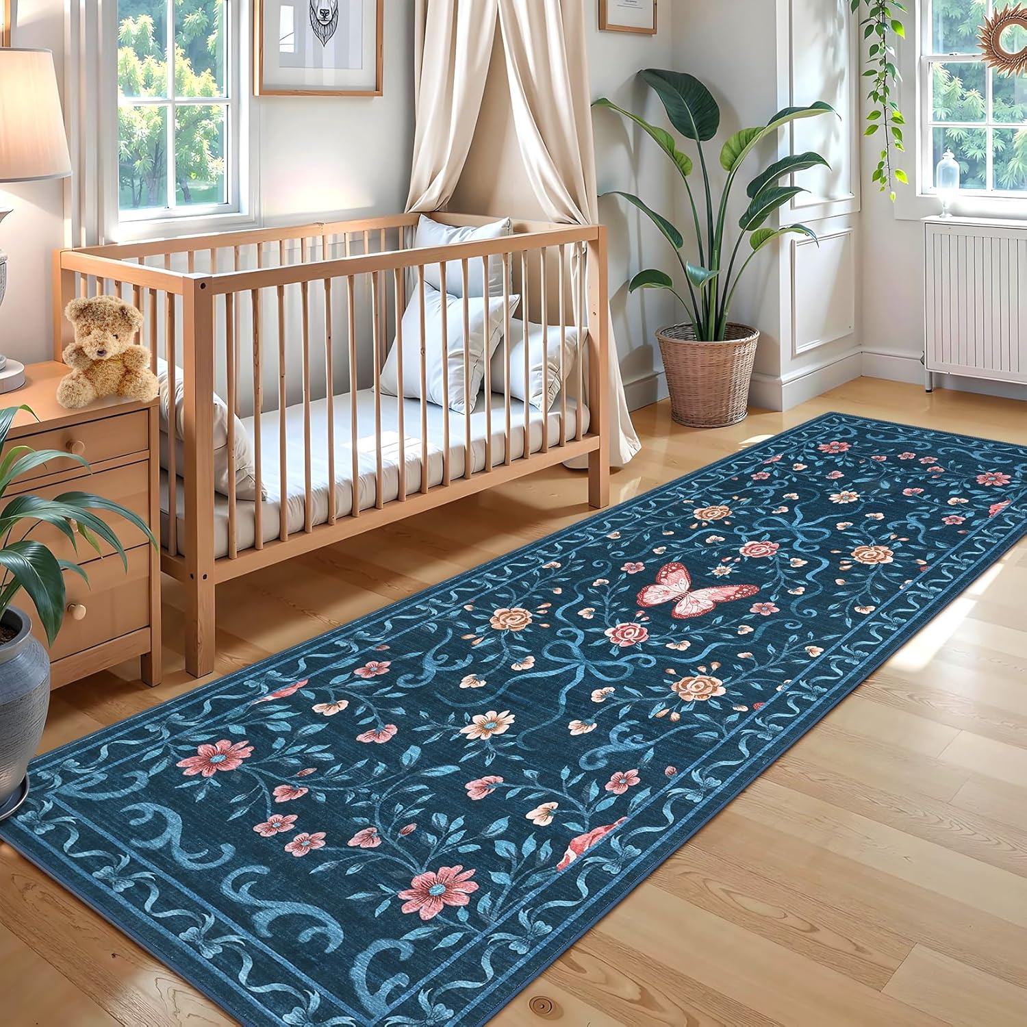 GarveeHome Washable Runner Rug 2x6 Non Slip Hallway Runners Stain Resistant Low Pile Floral Runner Rugs for Kitchen Soft Long Entryway Runner Rugs Blue Boho Throw Carpet for Bedroom Nursery, 2x6