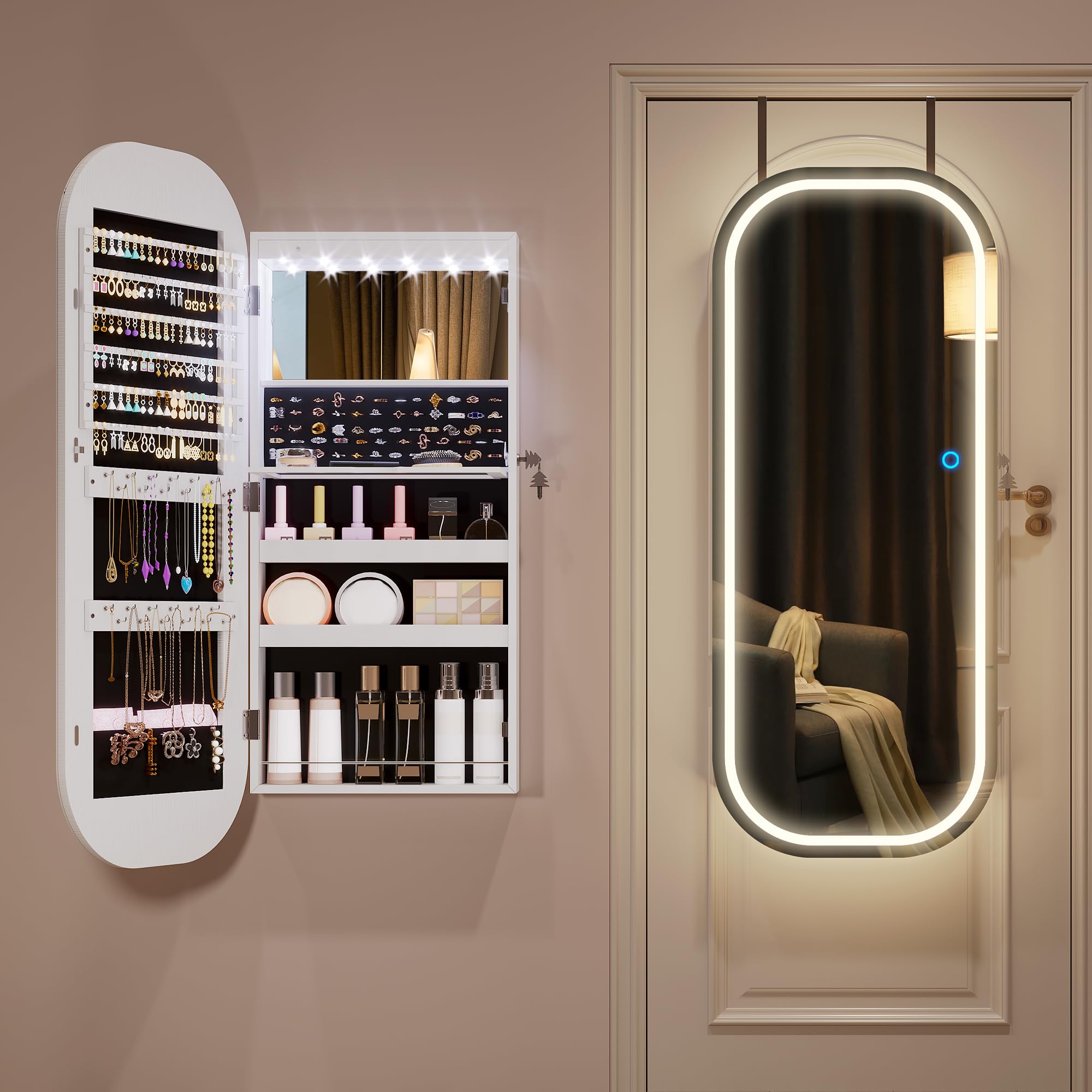 LVSOMT Espejo joyero de pared con Luz LED, Armario con Espejo Oval, Montado en puerta/pared, Espejos cuerpo entero, Blanco