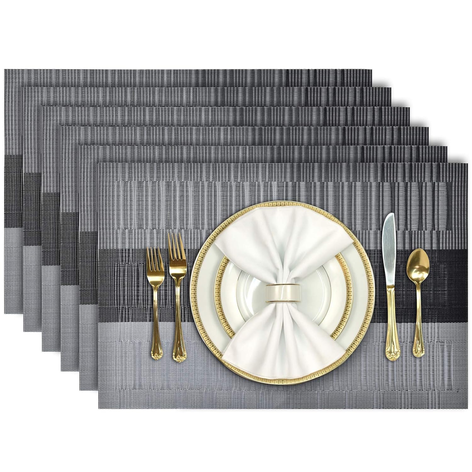 FIDEO Grey PVC Dining Table Placemats Set of 6 | Heat Resistant Non-Slip Washable Table Mats | Stain Resistant Woven Vinyl Placemats for Kitchen & Dining Table | Easy to Clean Quick Dry
