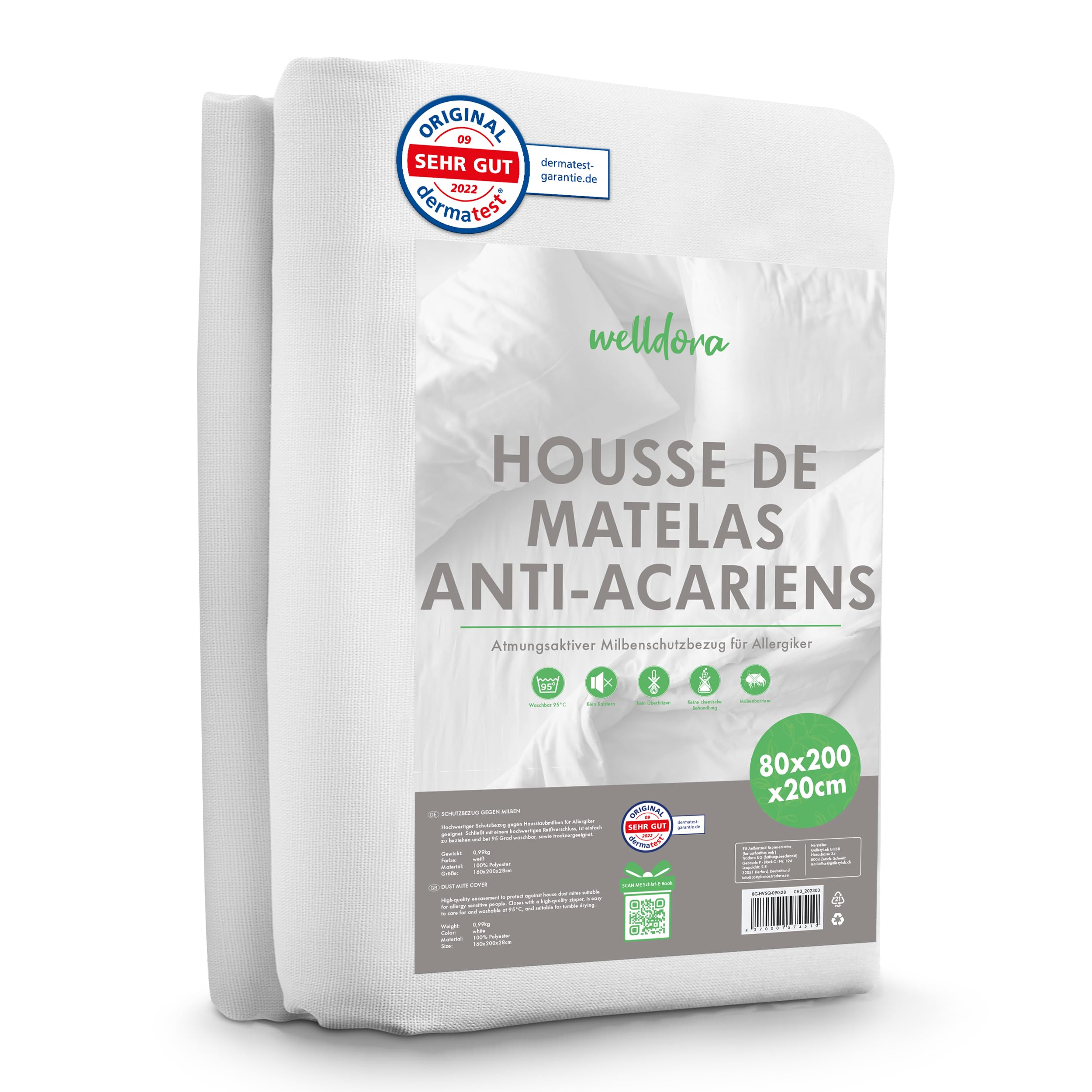 Welldora | Housse de Matelas Anti Acarien de Première Qualité | Protège Matelas Anti Allergies Testé| Housse avec Fermeture Éclair | Linge de Lit pour Personnes Allergiques (80x200x20cm)