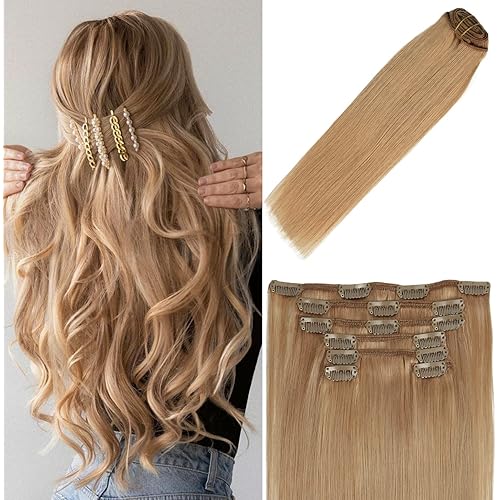 Clip in Hair Extensions Human Hair Reddish Blonde 70g #12 22Inch Hair Extensions for women 7PCS