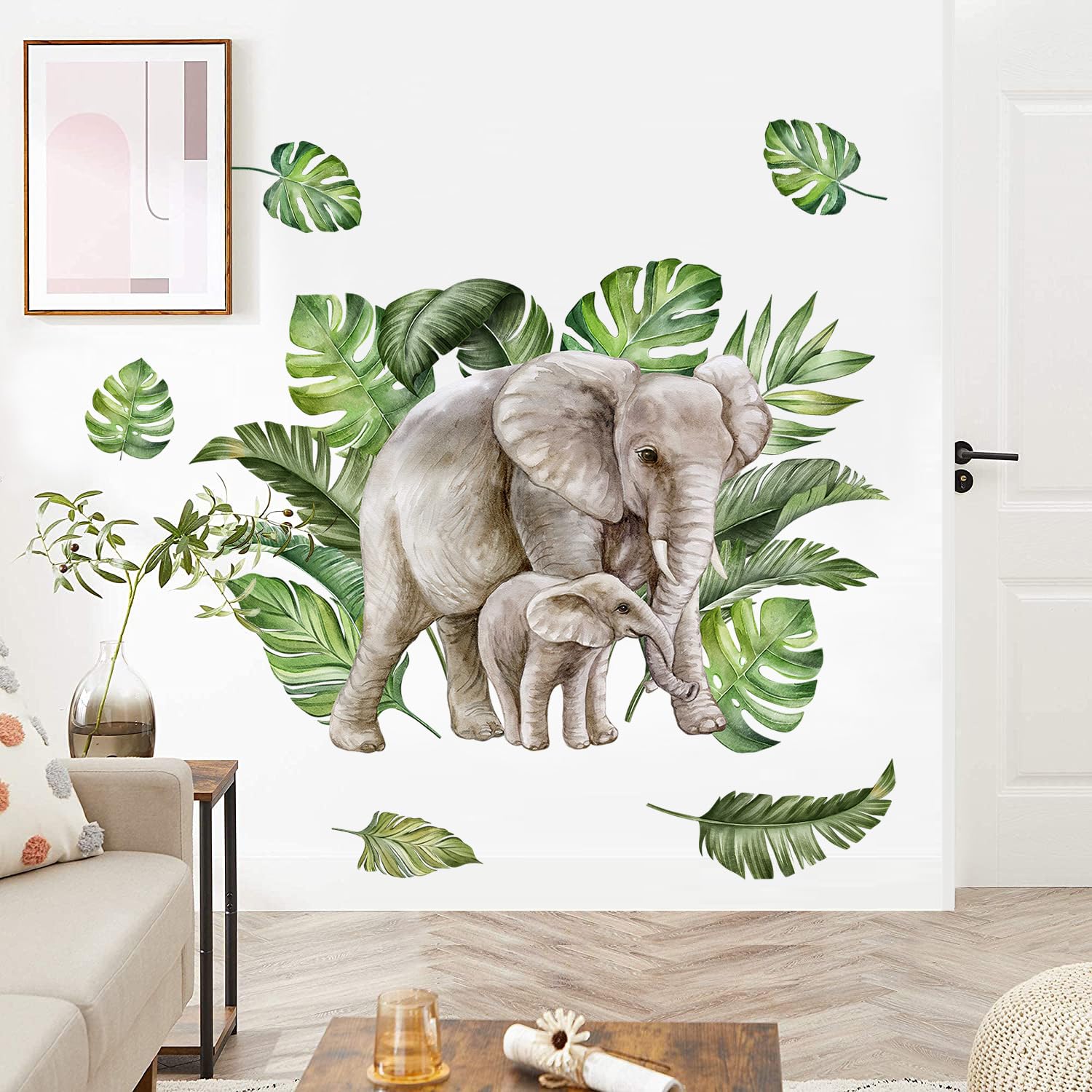 RAINBOW WSK Lifelike Elephant Wall Decals for Kids Room, Large Jungle Animal Elephant Wall Stickers with Tropical Palm Leaves, Waterproof, Easy Peel &