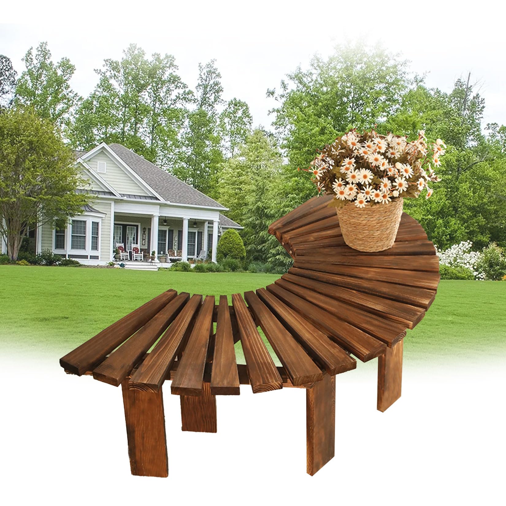 Circular Tree Bench,Breathable Tree Bench,Wooden Semi-circular Garden Benches,Curved Balcony Flower,Weatherproof,for Park/Yard/Porch/Lawn, Outdoor All-Weather Furniture Decoration Carbonized