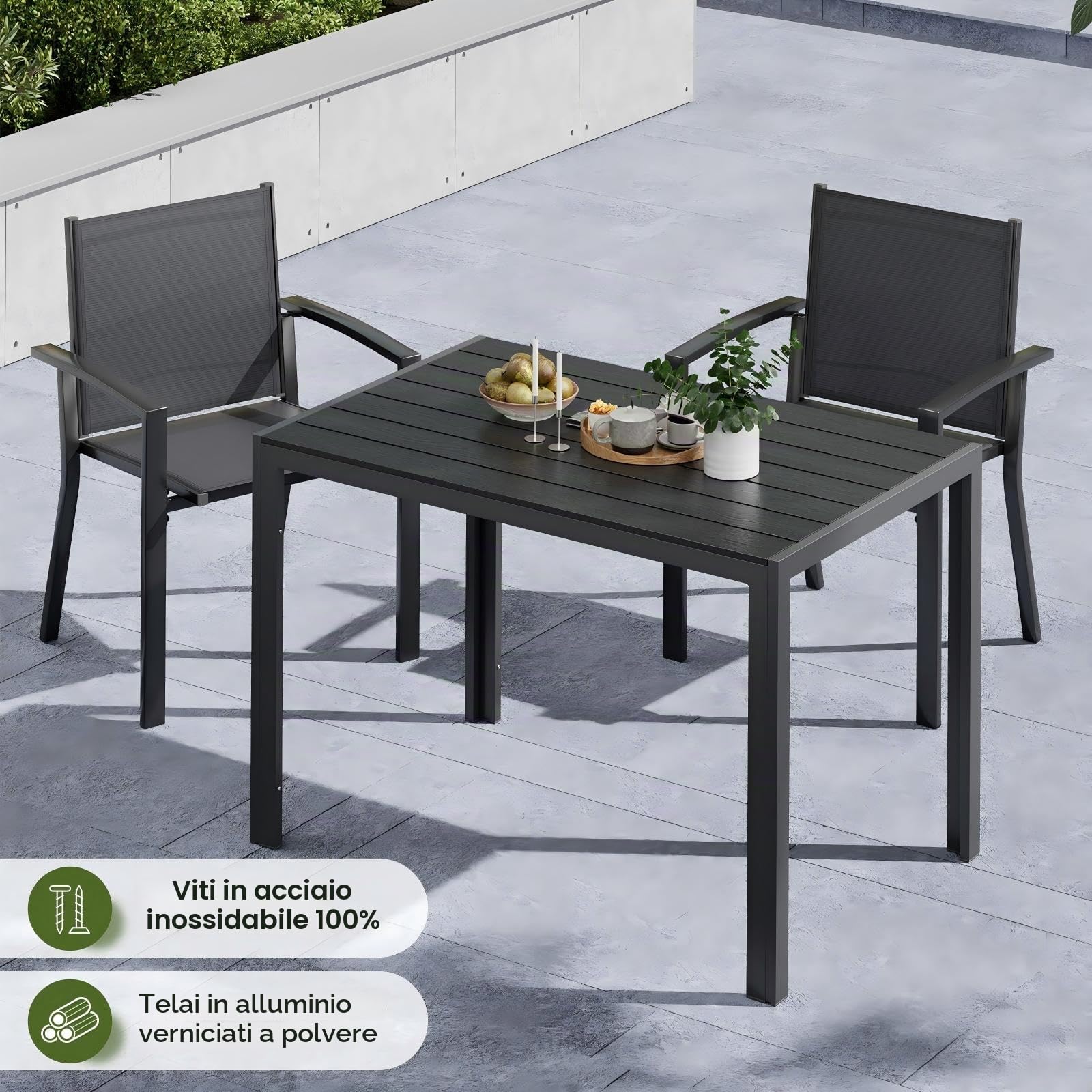 UDPATIO Tavolo da Giardino in Alluminio, 110x70x74 cm Tavolo da Esterno Rettangolare con Venatura Legno, 4-6 Posti, Resistente alle Intemperie per Terrazza e Balcone, Nero + Grigio Scuro