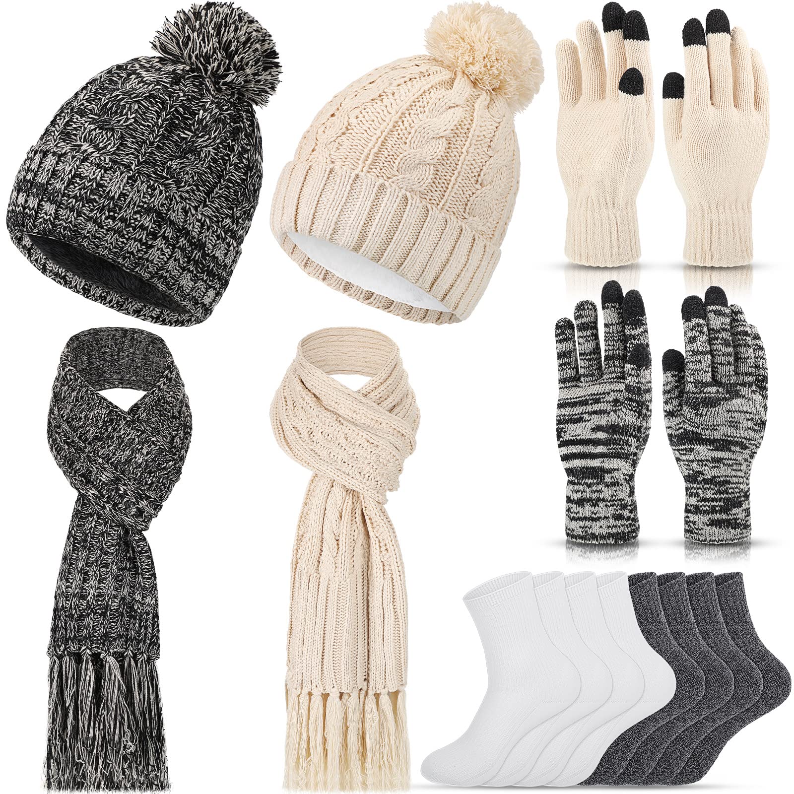 2 Sets Winter Warm Beanie Hat Scarf and Touchscreen Gloves Socks