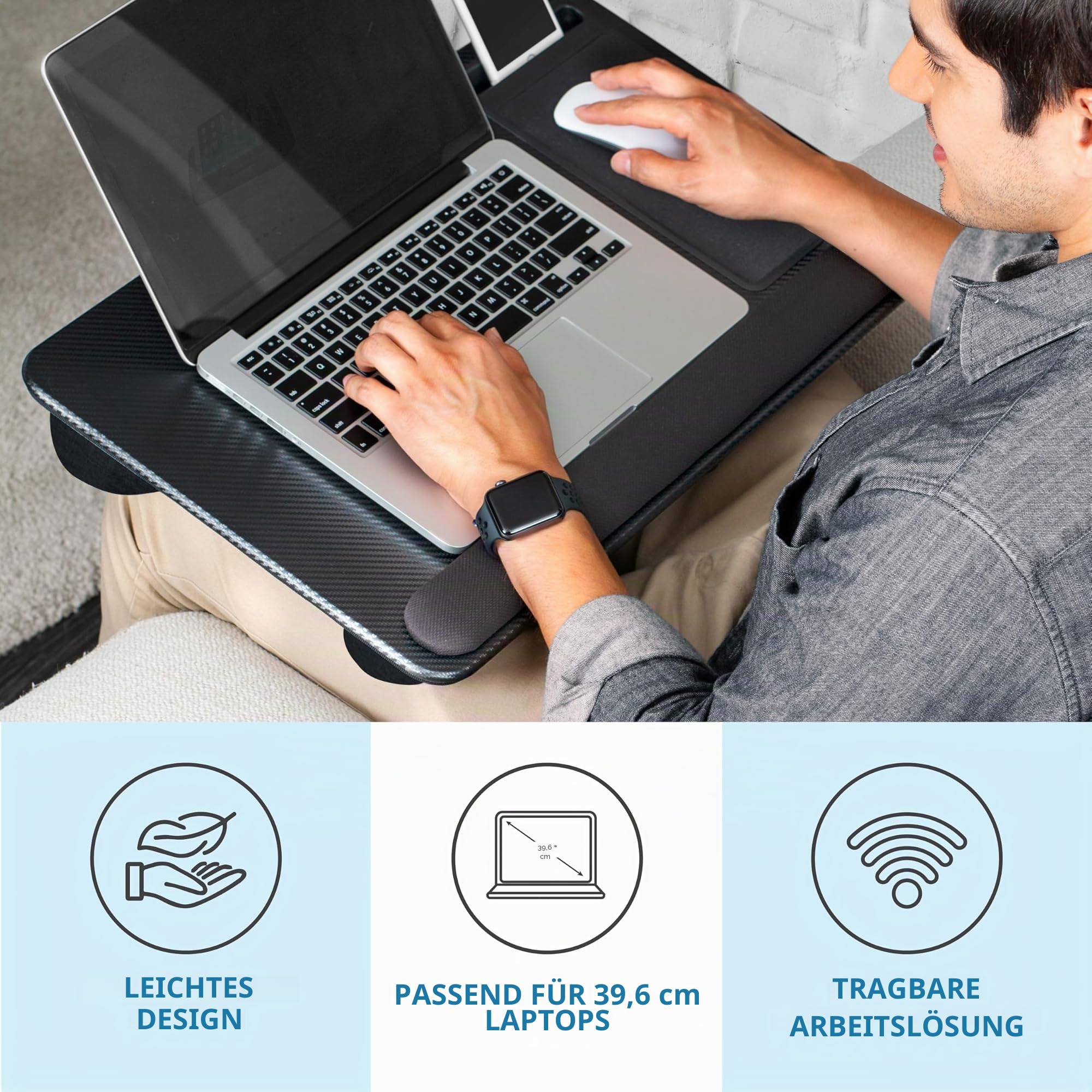 LapGear Home Office Pro Knietisch mit Handgelenkauflage, Mauspad und Handyhalterung, für Laptops mit bis zu 15,6 Zoll (39,6 cm), Schwarz