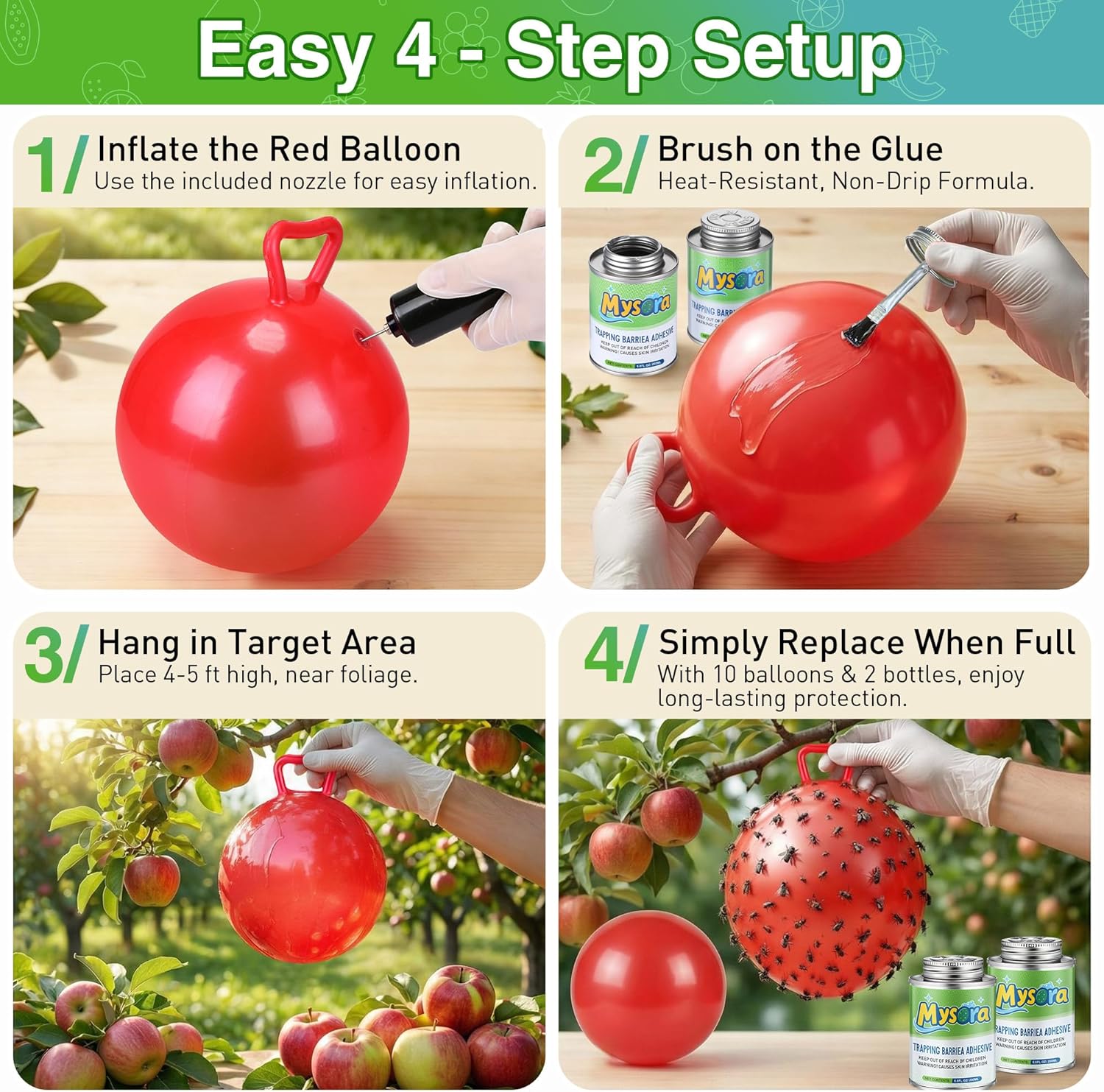 Apple Maggot Trap Deluxe Kit, 13.6 oz (2 * 6.8 oz) Apple Gnat Trap Coating with Brush and 10 Red Balloons and 2 Pairs Gloves, DIY Fly Traps Kit for Cherry Tree Fruit Fly, Oriental Fruit Moth
