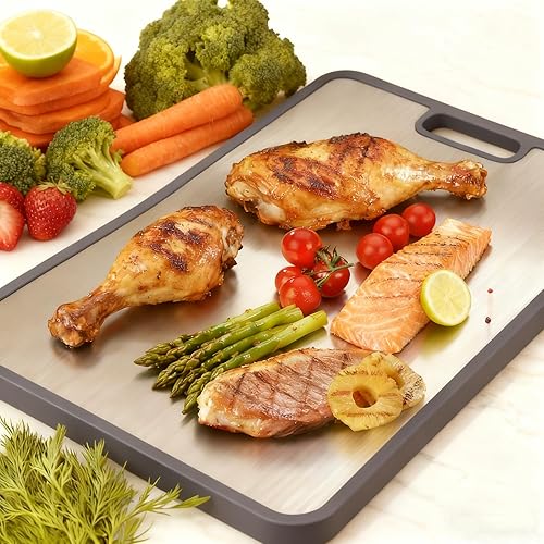 Miniatura 8 de CPOTAM Tabla de cortar de acero inoxidable, tablas de cortar de acero de doble cara para cocina, acero inoxidablepaja de trigo, tabla grande de