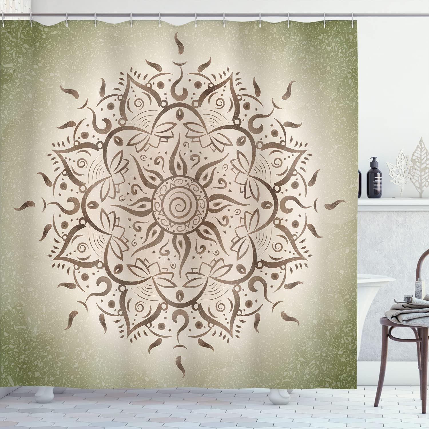Ambesonne Lotus Shower Curtain, Sun Pattern Ombre Effect of Mandala Culture Traditonal Oriental Print of Art, Cloth Fabric Bathroom Decor Set with Hooks, 70" Long, Pale Khaki