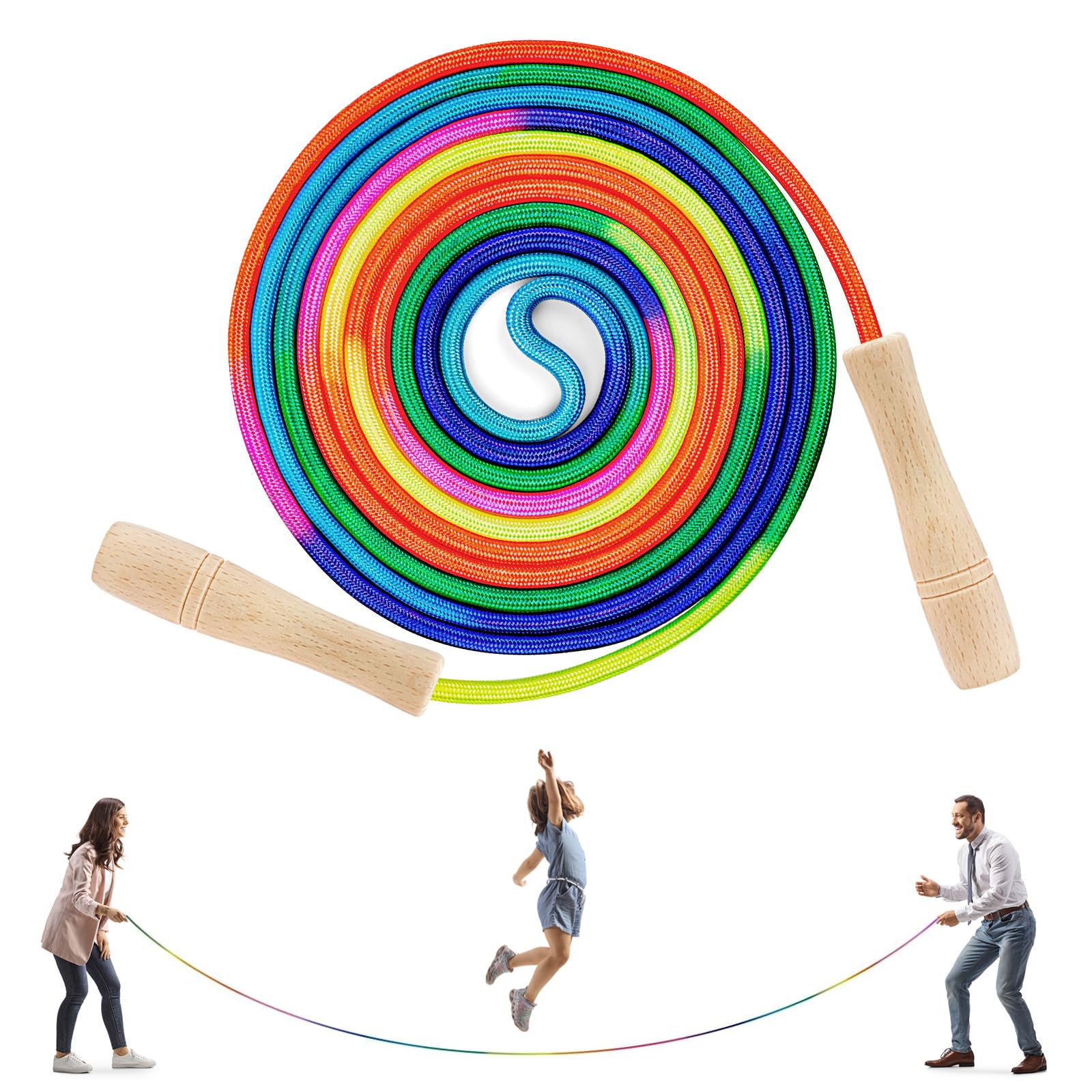 Flintronic 16 FT Long Jump Rope for Kids, Adjustable Double Dutch Jump Rope with Wooden Handle, Multiplayer Rainbow Skipping Rope for Family, School, Sports & Outdoor Activities