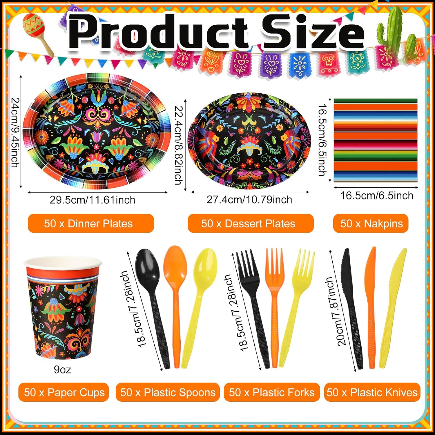 Havawish 350 Pcs Mexican Party Supplies Fiesta Disposable Tableware Set Flower Serape Stripe Oval Paper Plates Cups Napkins Fork Knife Spoon Dinnerware for Cinco De Mayo Mexico Table Decor