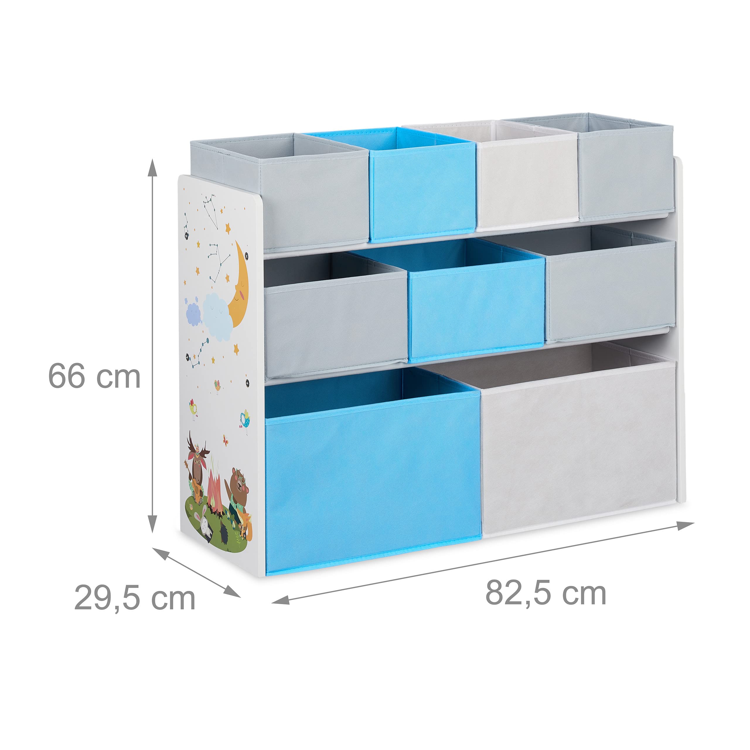 Relaxdays Scaffale Porta Giochi con 9 Scatole di Stoffa, Immagine di Un Falò, Organizer, 66 x 82,5 x 29,5 cm, Colorato