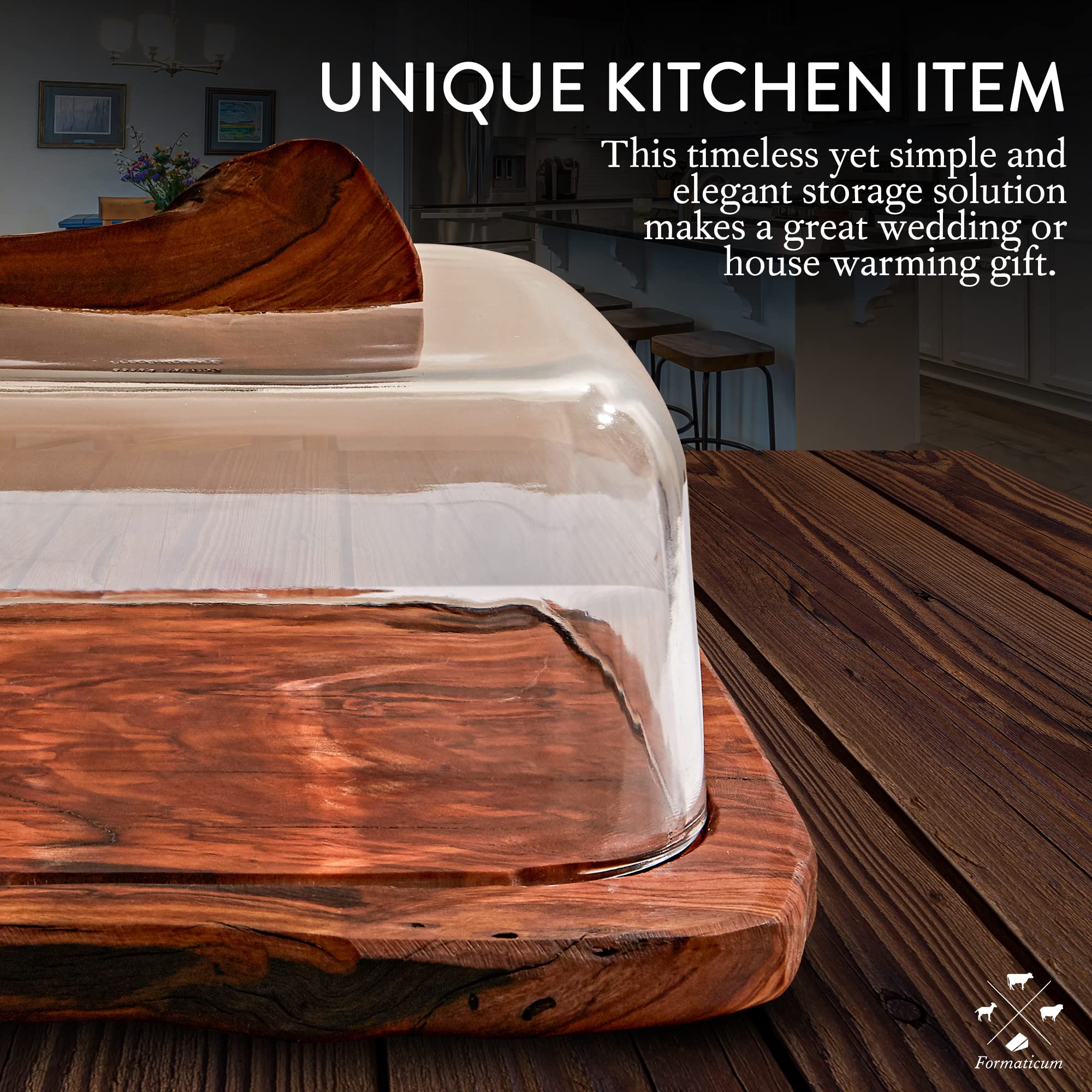 Formaticum Olive Wood wGlass Dome Cheese Board - Charcuterie Platters for Serving Food Bread Cake - Unique Idea Housewarming Gift for New Home Wedding Gifts for Couple Cool Bridal Shower Gift product thumbnail 6