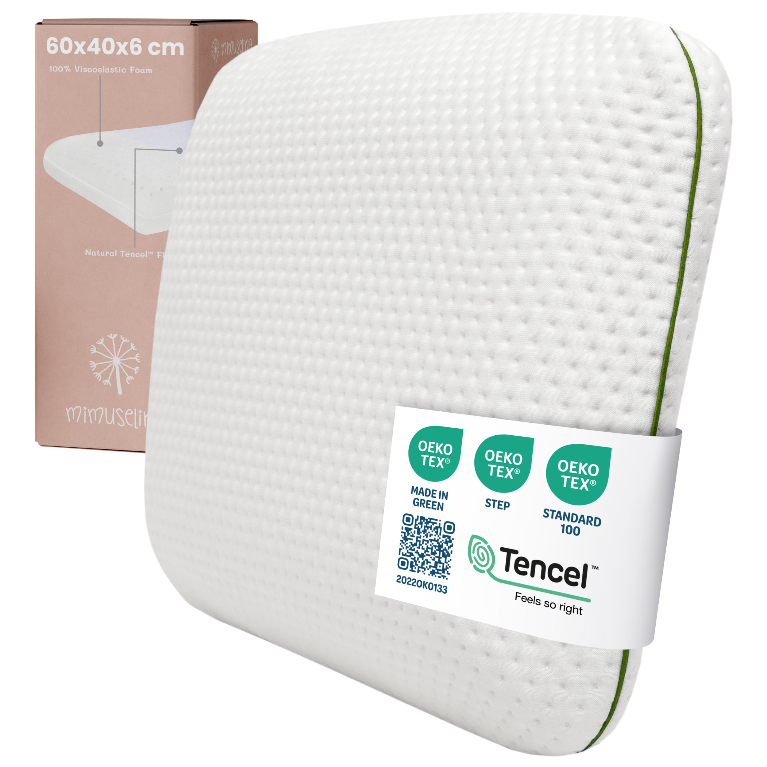MIMUSELINA Oreiller Memoire Forme 50x30x5 cm pour Enfants | Oreiller Ergonomique et Anti-Étouffement | Petit Coussin Respirant et Hypoallergénique | Housse Tencel Amovible et Lavable