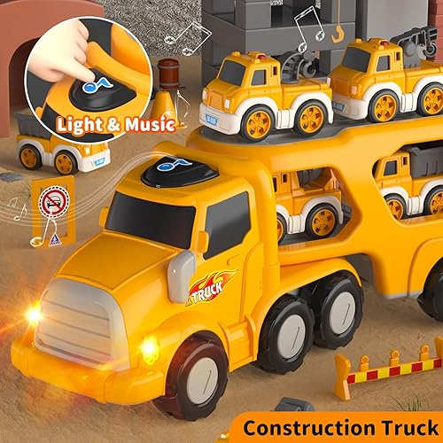 Miniatura 5 de Juguetes para niños de 1, 2, 3, 4, 5 años, 6 en 1, camiones de construcción con tapete de juego, juguetes de automóvil para niños pequeños, camiones