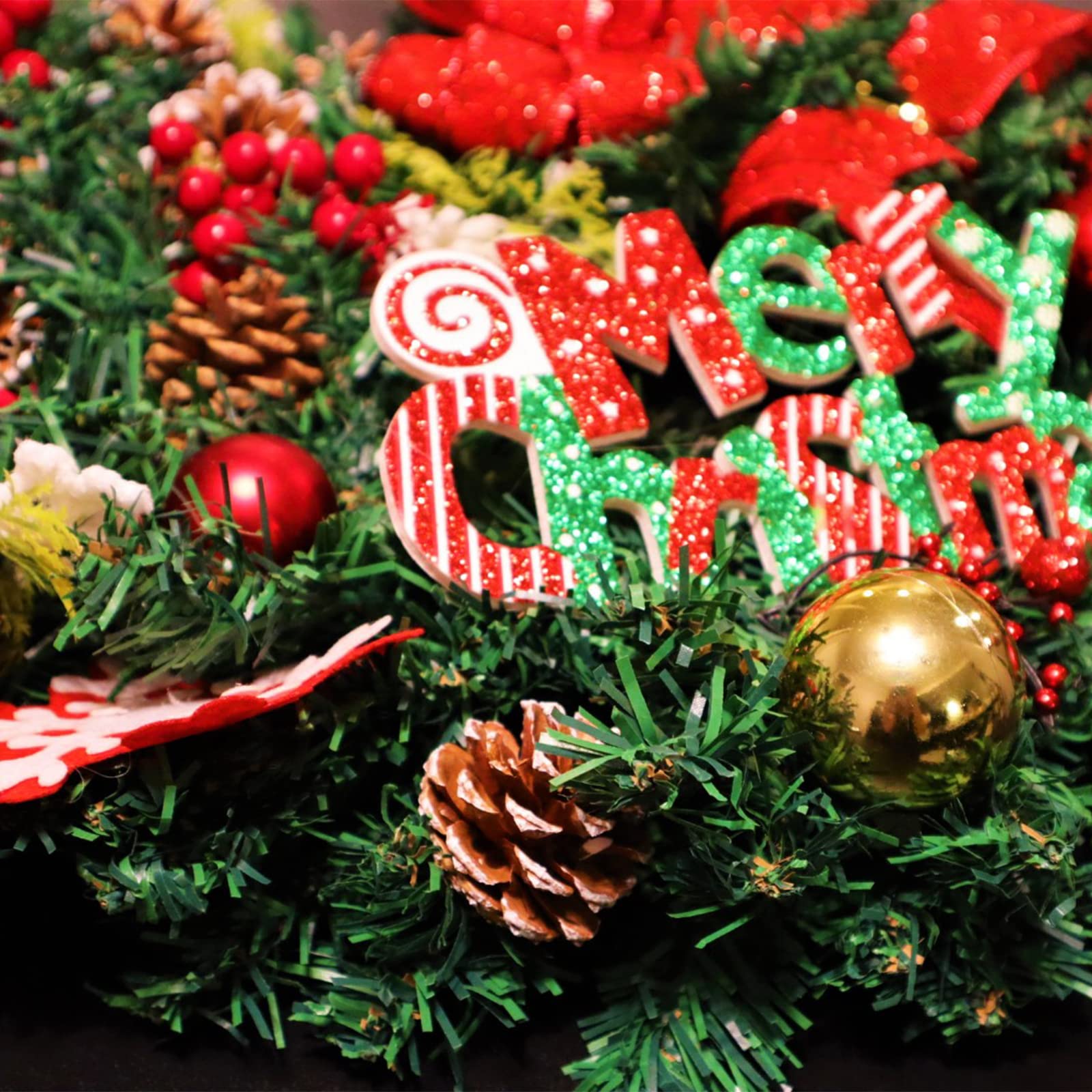 Heflashor 17.5'' Xmas Wreath with Red Berries, Pinecone, Bell, Snowflake Winter Wreath for Front Door, Indoor/Outdoor