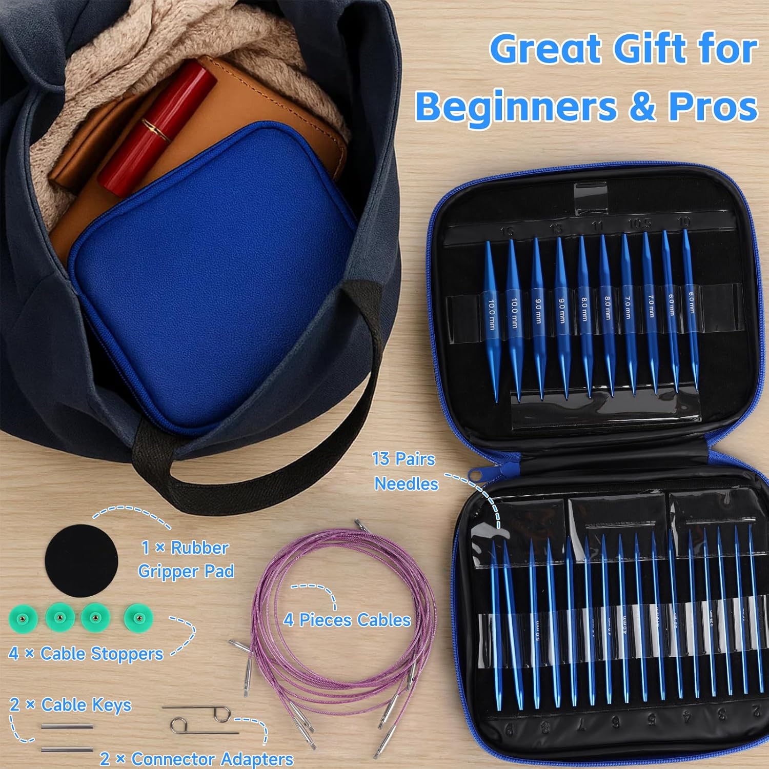 Interchangeable Circular Knitting Needles Set, 13 Pairs (26pcs) Aluminum Knitting Needles Kit, Sizes 3.0mm-10.0mm, Knitting Needle Case & Accessories, for Knitting Projects, Beginners & Advanced